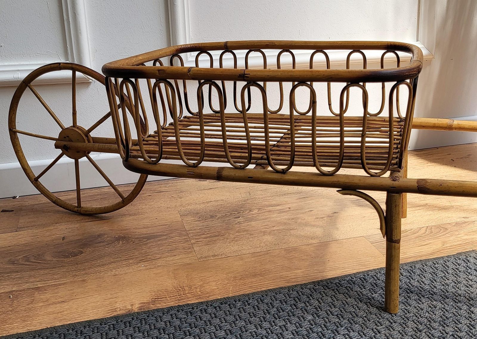 1960s Italian Bamboo Rattan Bohemian French Riviera Basket Magazine Wheelbarrow photo 598.0