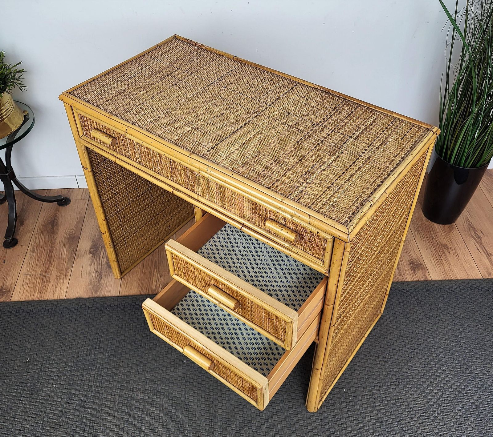 Mid Century Bamboo, Wood And Rattan Writing Table Desk With Drawers, Italy 1970s photo 1950.0