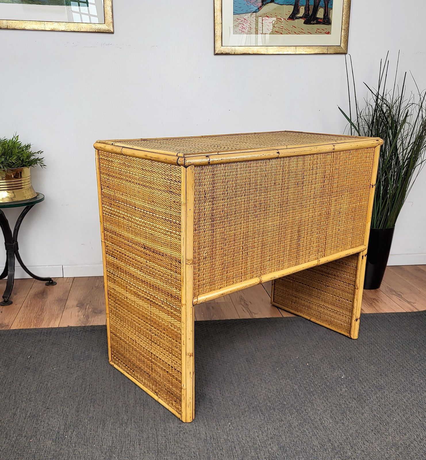 Mid Century Bamboo, Wood And Rattan Writing Table Desk With Drawers, Italy 1970s photo buy