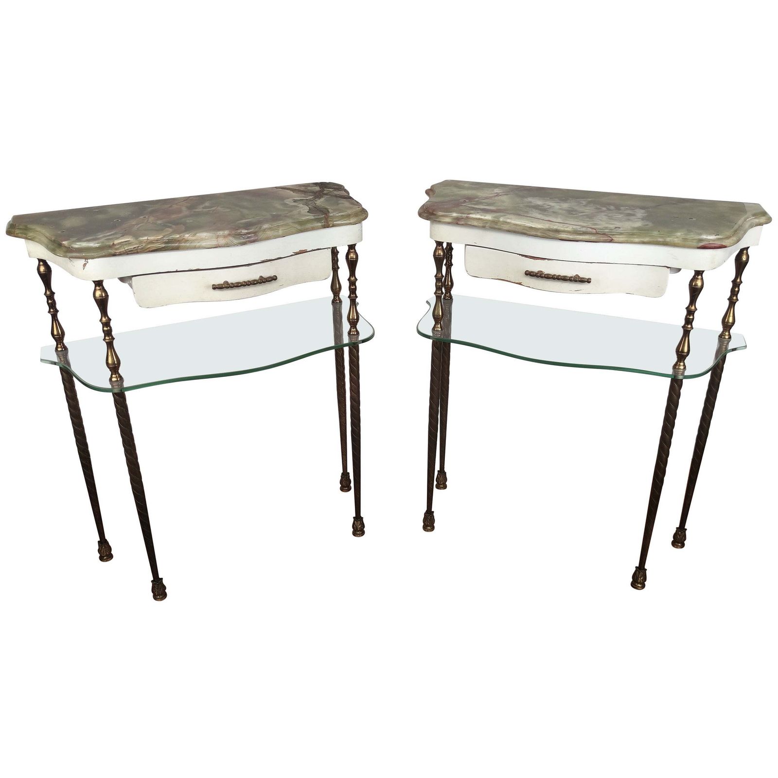 Pair Of Italian Brass Marble Midcentury Art Deco Nightstands Bed Side End Tables