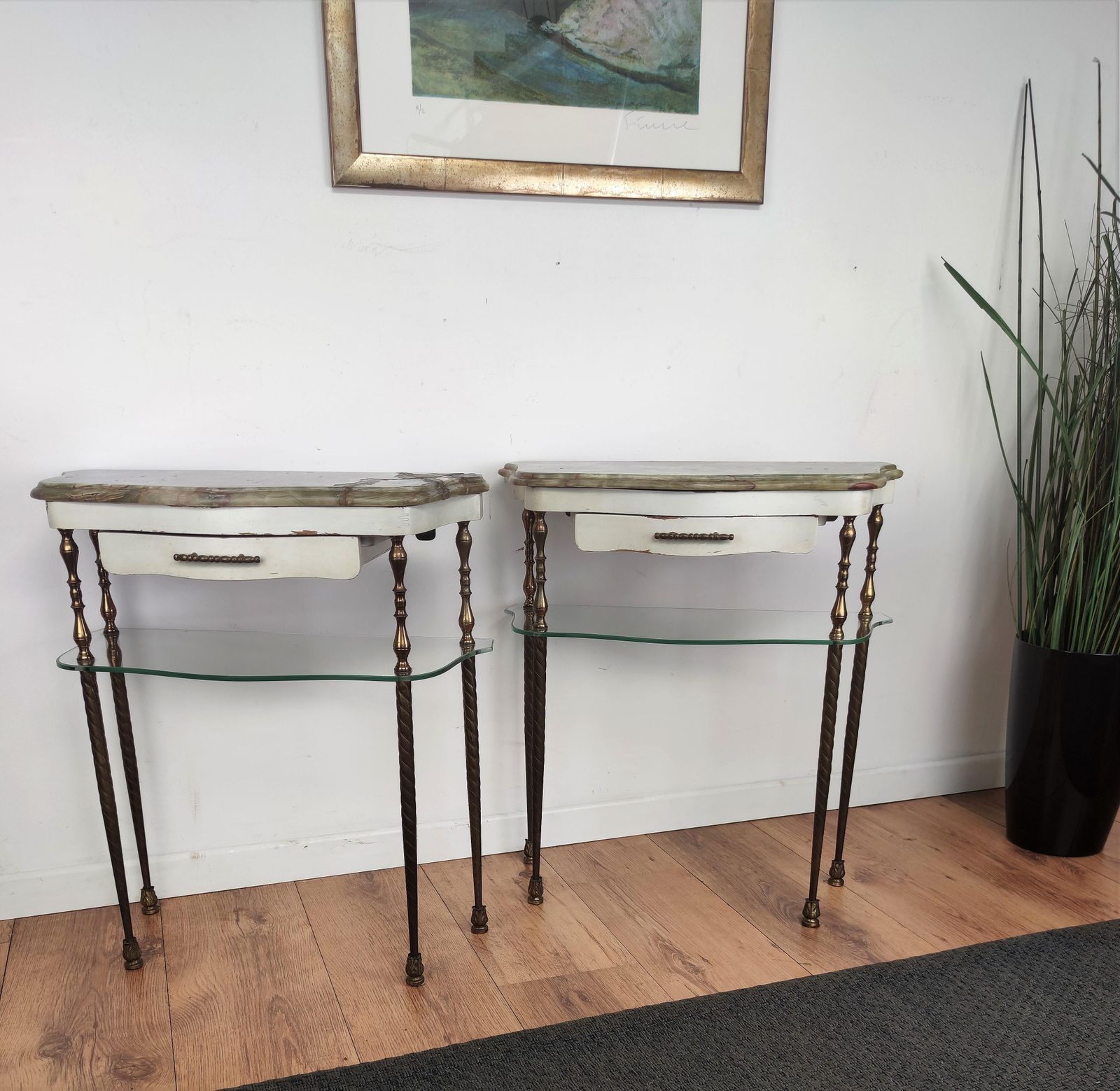 Pair Of Italian Brass Marble Midcentury Art Deco Nightstands Bed Side End Tables photo furniture