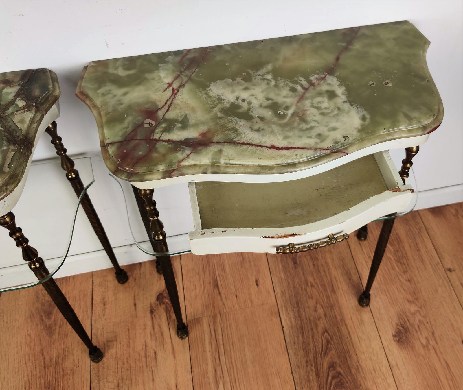 Pair Of Italian Brass Marble Midcentury Art Deco Nightstands Bed Side End Tables photo buy