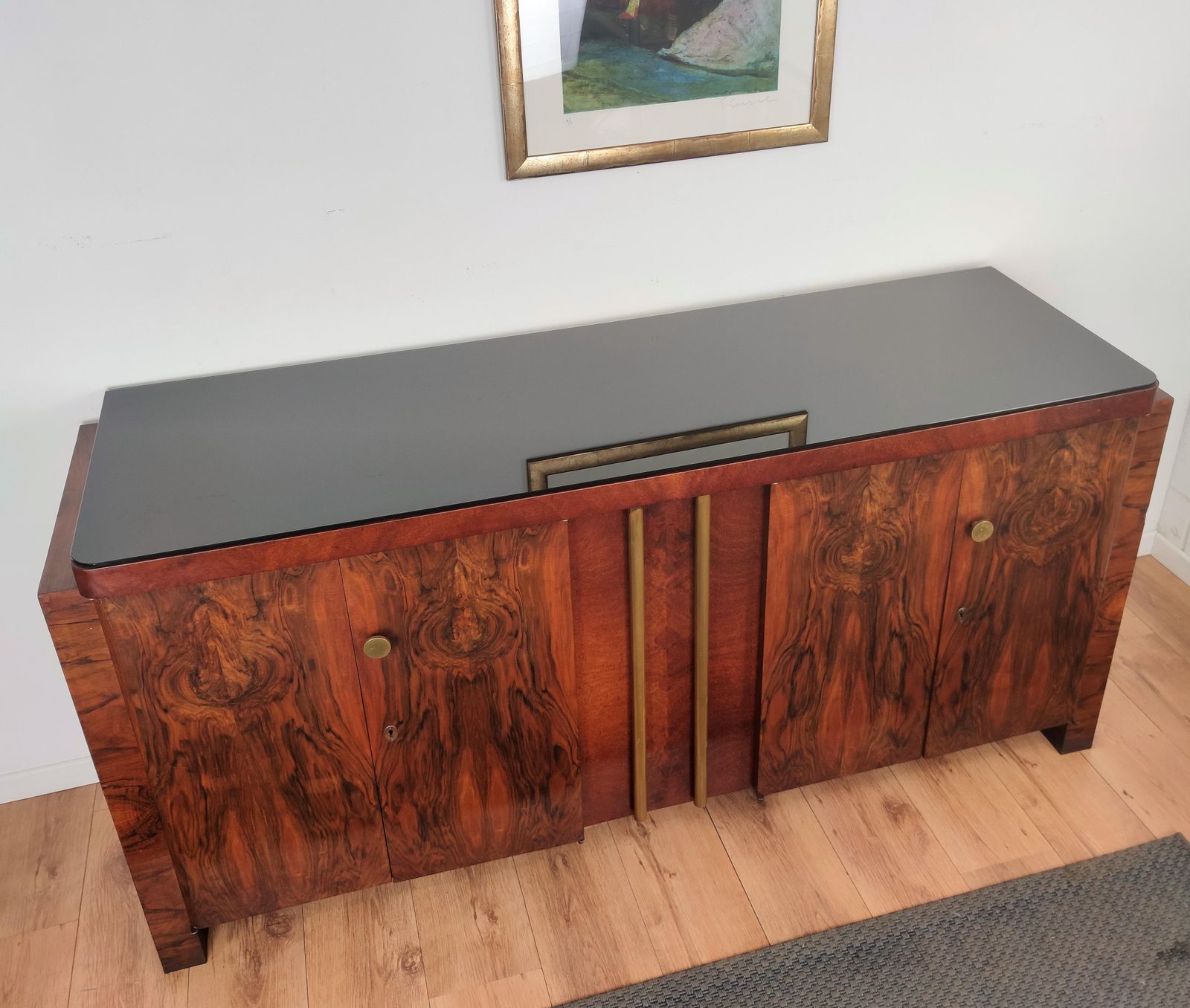 1940s Art Deco Mid Century Modern Italian Walnut Burl Brass Sideboard Credenza photo for sale
