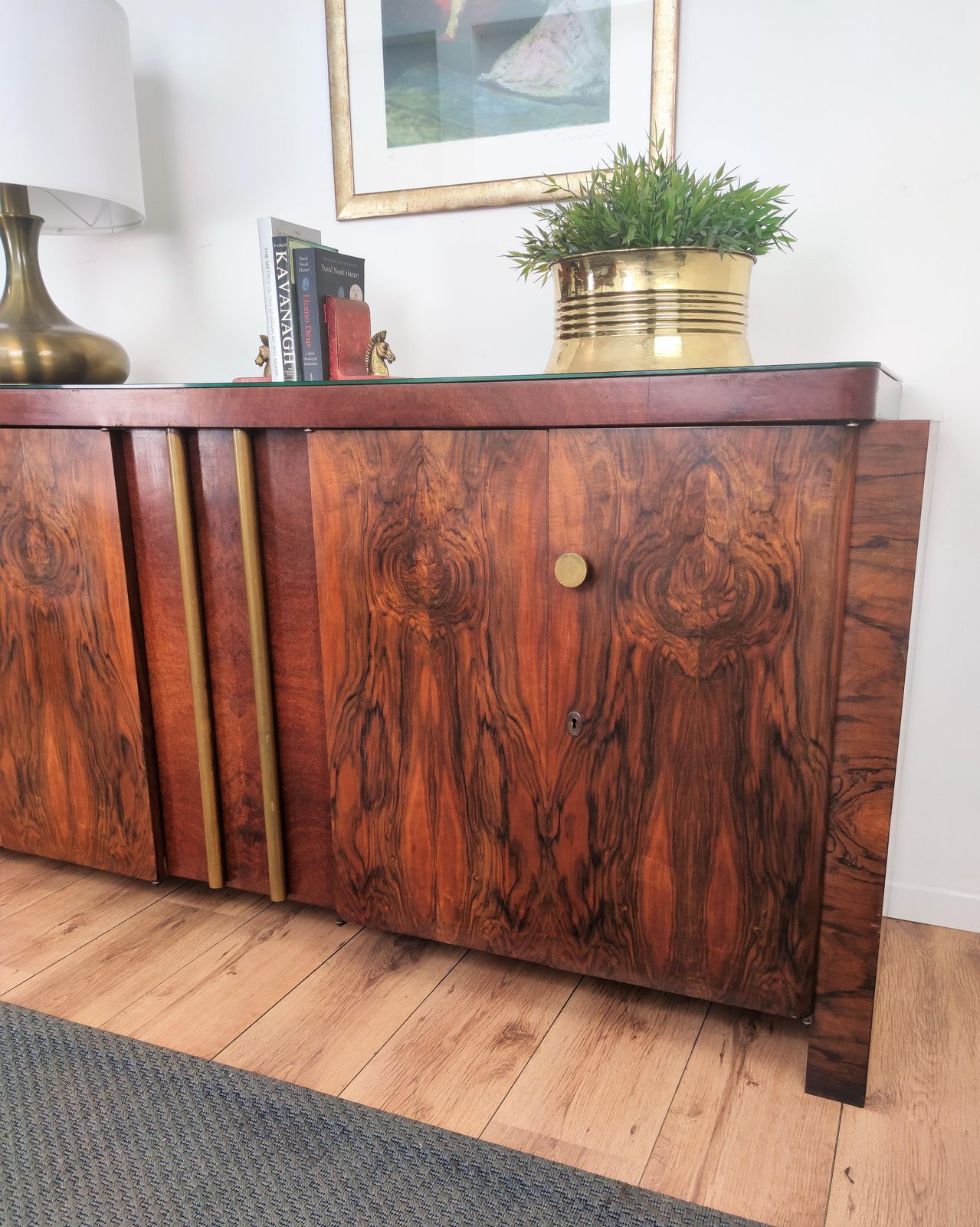 1940s Art Deco Mid Century Modern Italian Walnut Burl Brass Sideboard Credenza photo vinterior