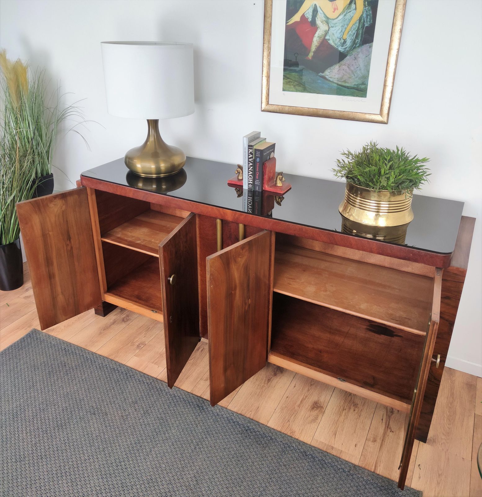 1940s Art Deco Mid Century Modern Italian Walnut Burl Brass Sideboard Credenza photo buy