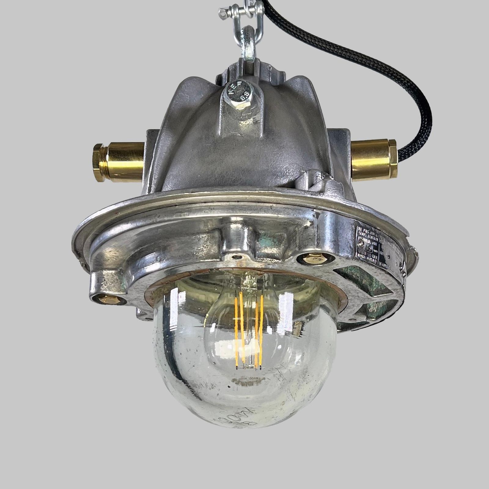 1980's French Legrand Cast Aluminium Explosion Proof Pendant Light Glass Shade photo furniture