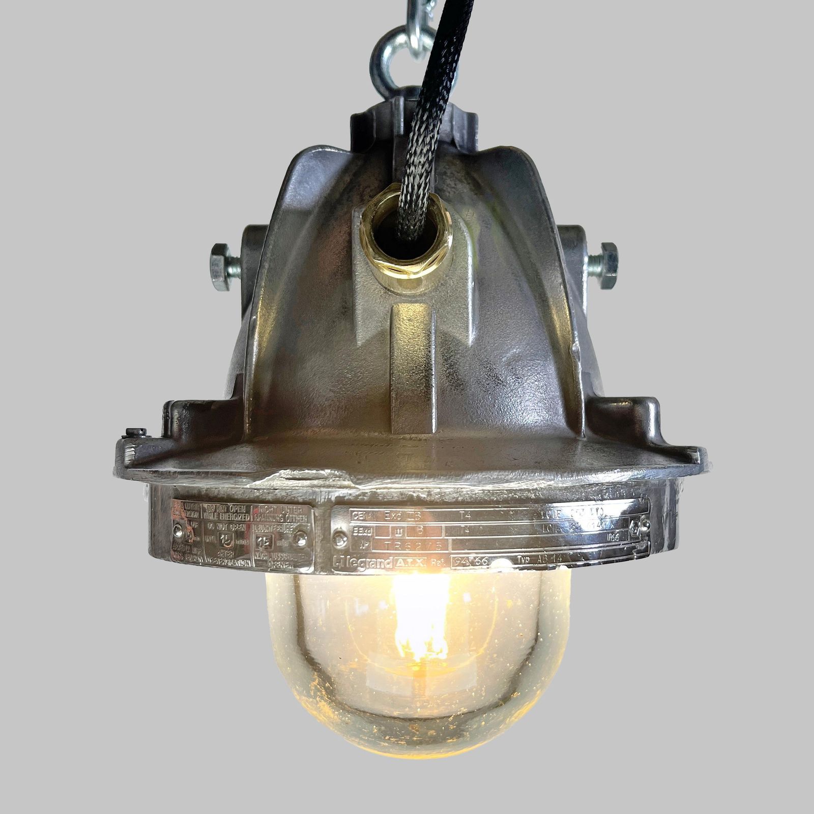 1980's French Legrand Cast Aluminium Explosion Proof Pendant Light Glass Shade photo Lighting