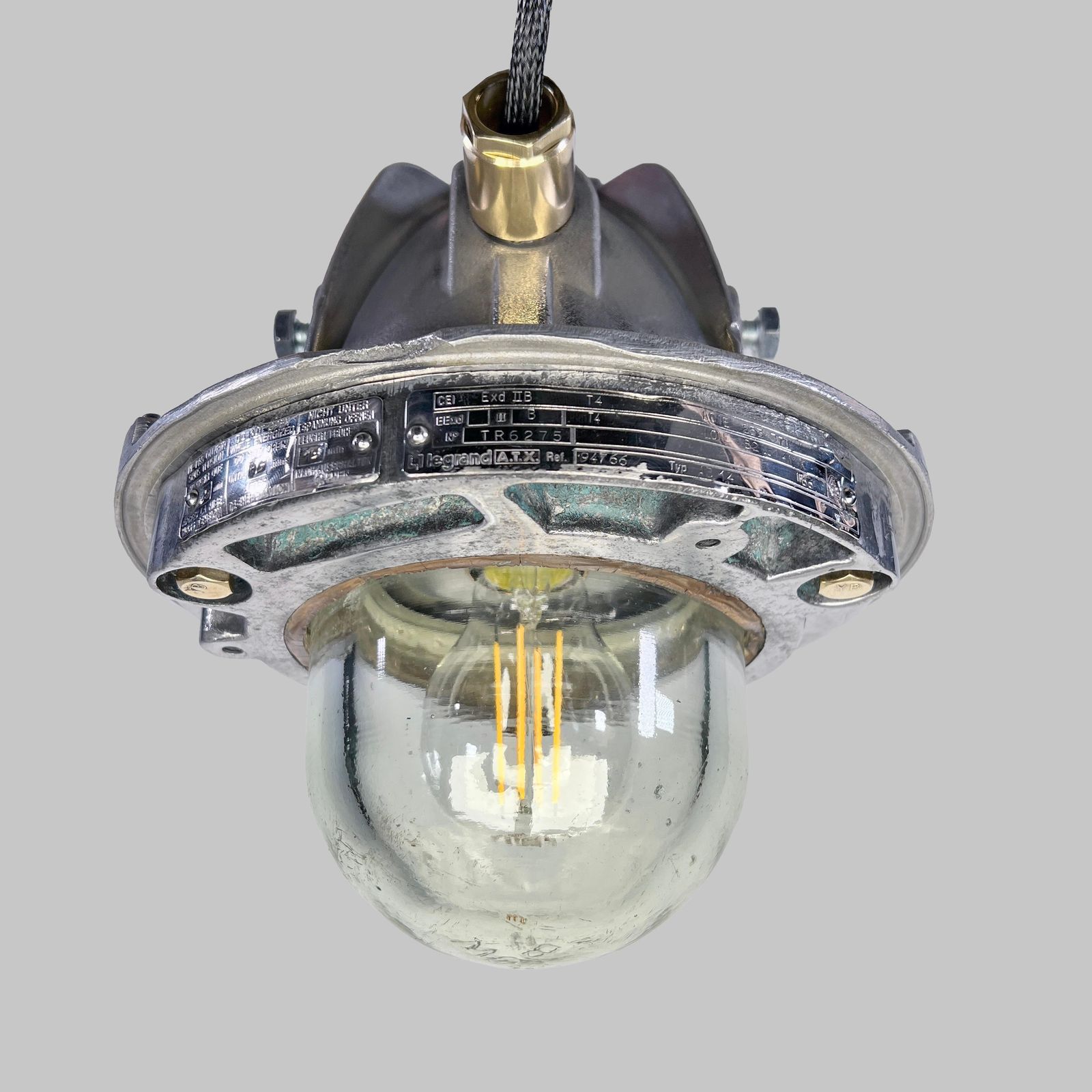 1980's French Legrand Cast Aluminium Explosion Proof Pendant Light Glass Shade photo 306.0