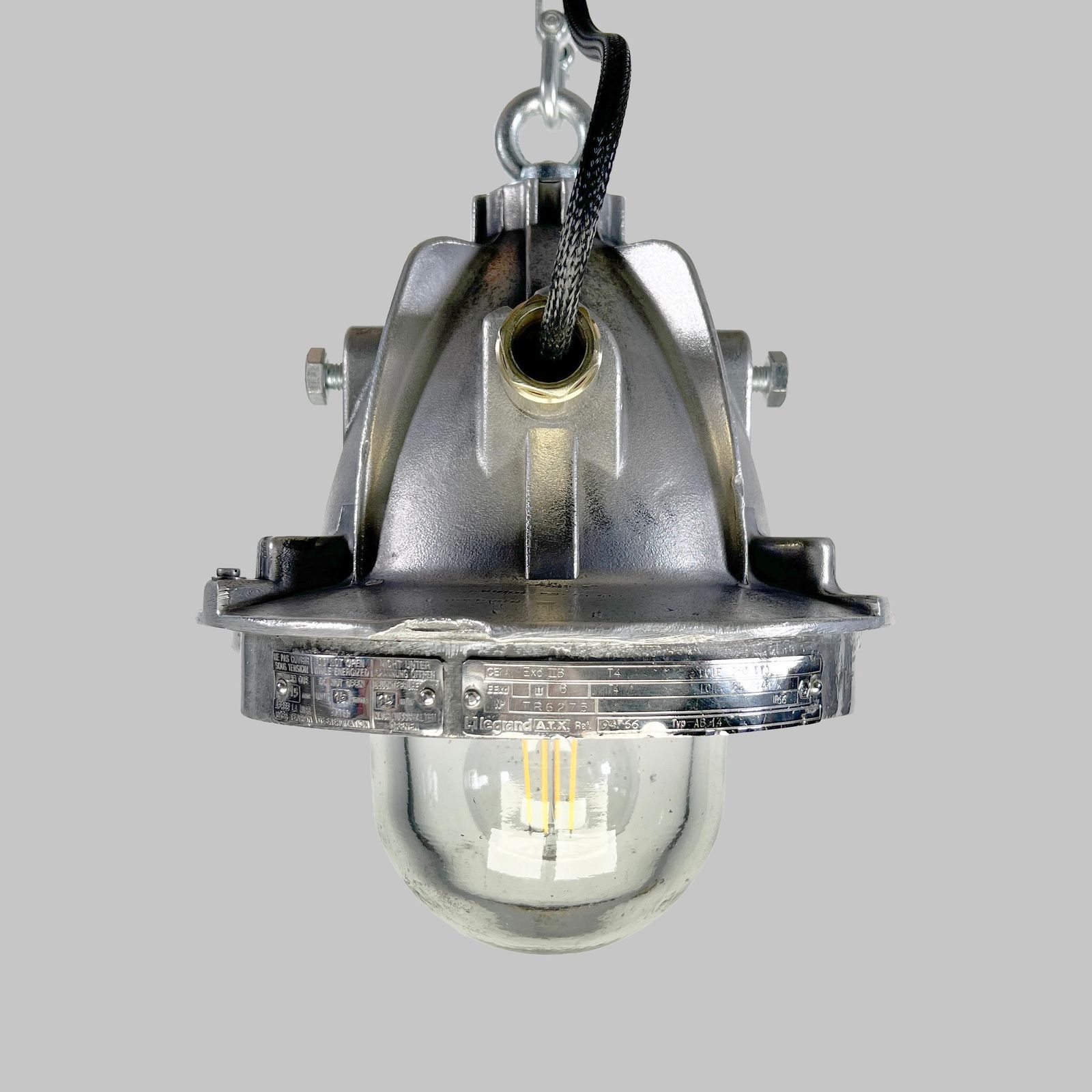 1980's French Legrand Cast Aluminium Explosion Proof Pendant Light Glass Shade photo vinterior