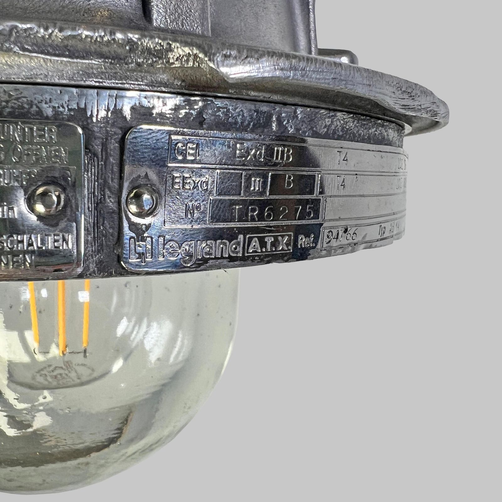 1980's French Legrand Cast Aluminium Explosion Proof Pendant Light Glass Shade photo buy