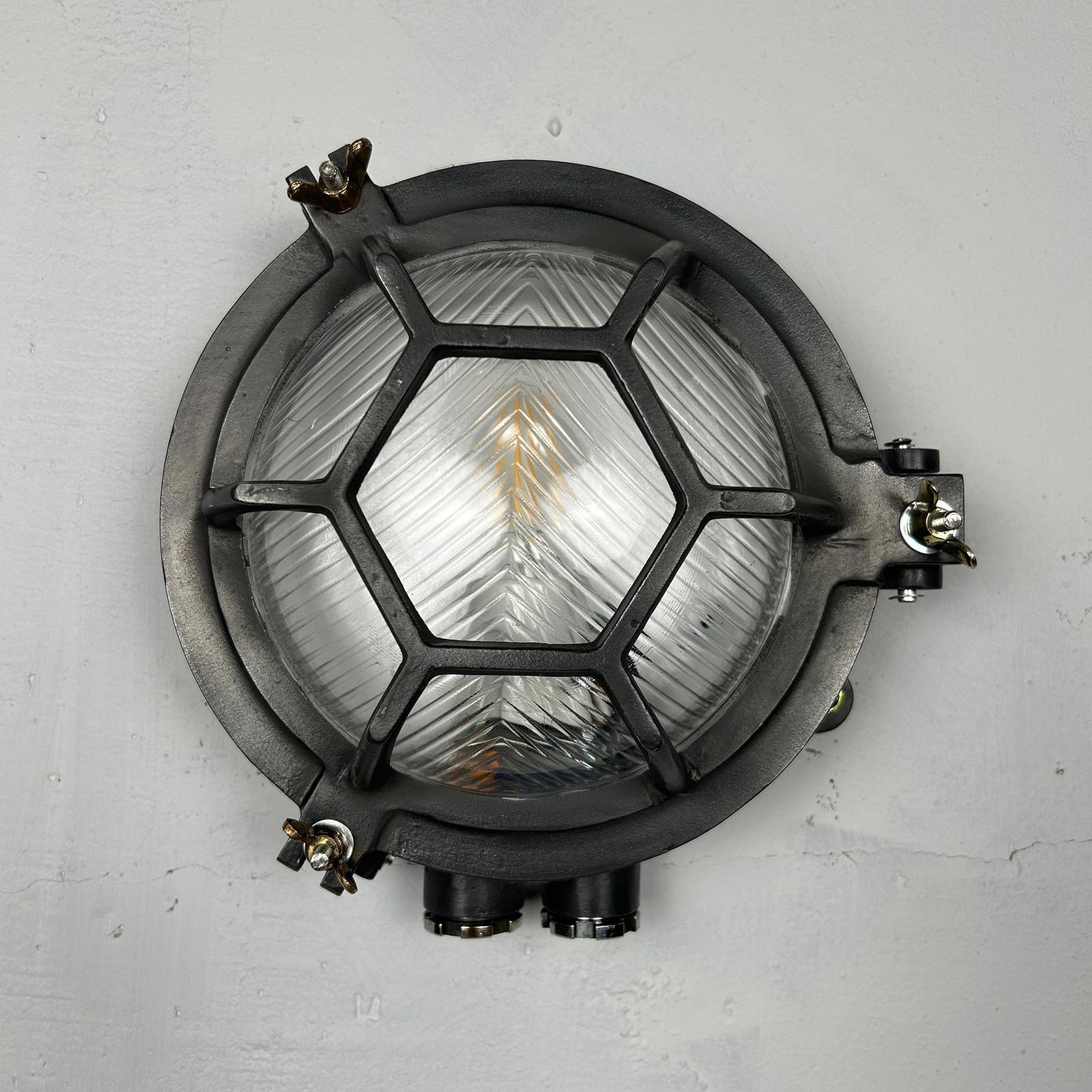 Late Century Cast Circular Wall Light Hex Cage   Reeded Glass & Gun Metal Finish photo furniture