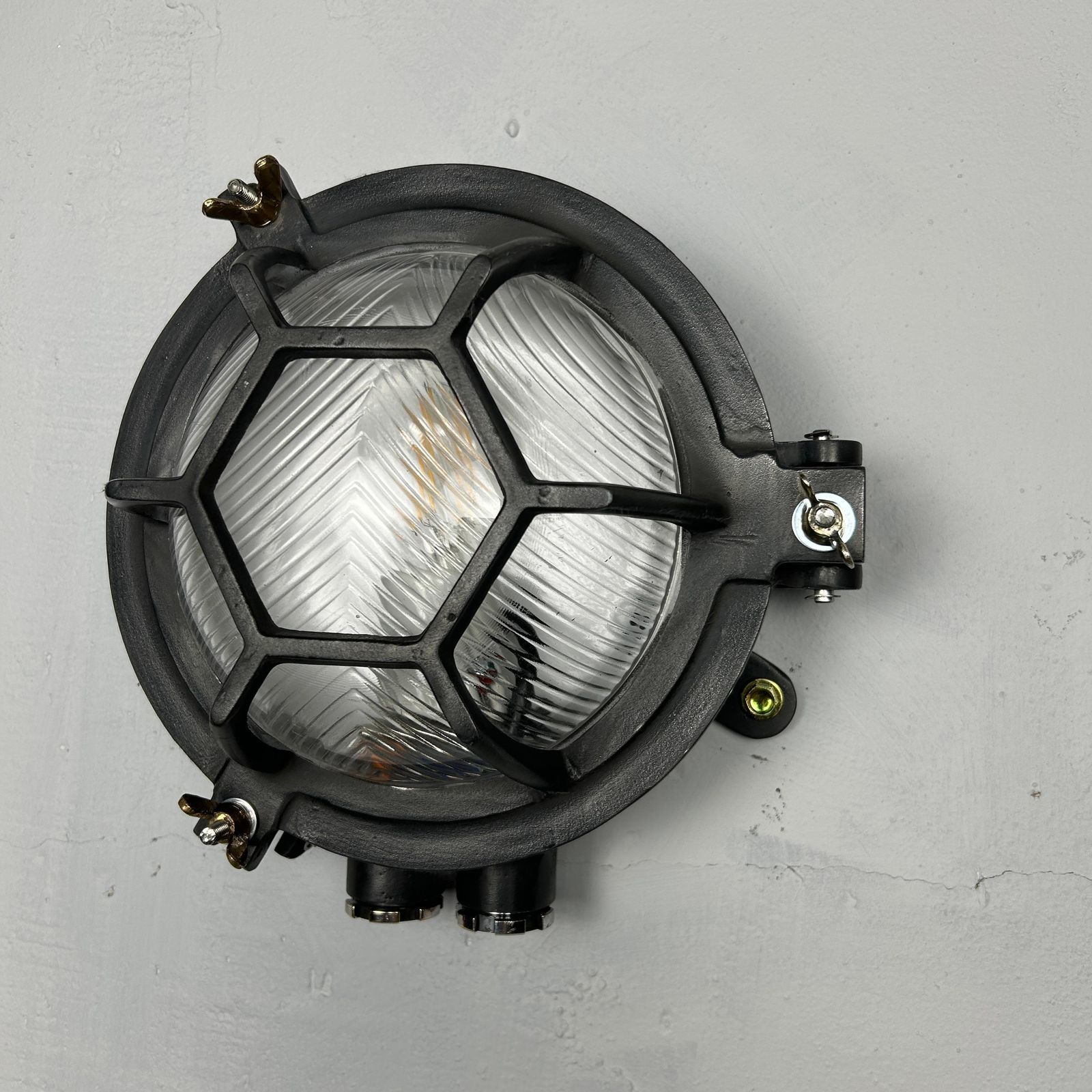 Late Century Cast Circular Wall Light Hex Cage   Reeded Glass & Gun Metal Finish photo vinterior