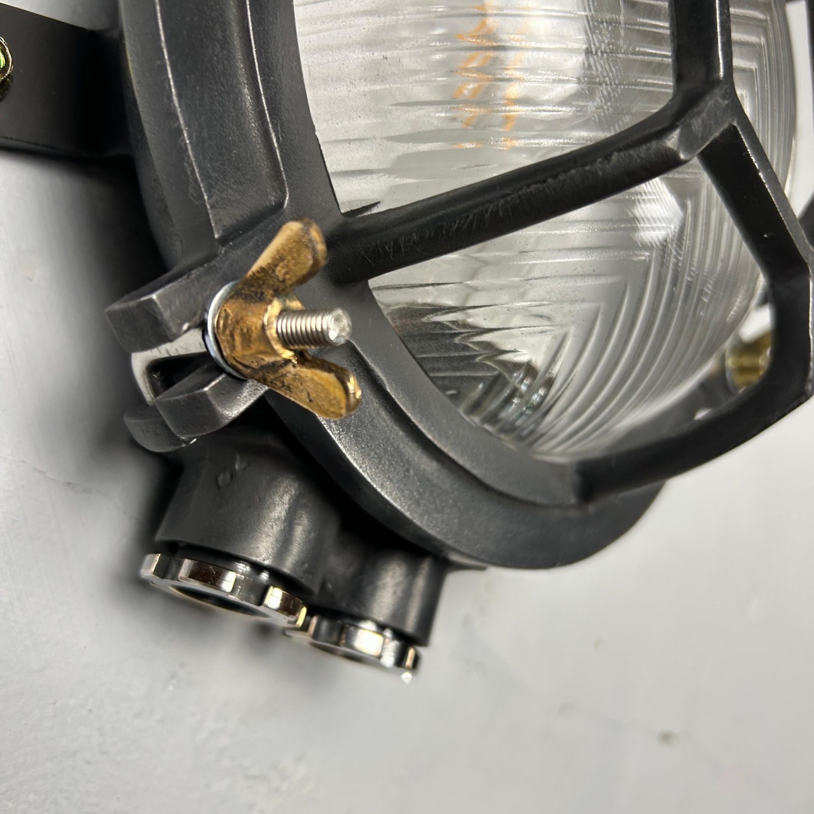 photo furniture Late Century Cast Circular Wall Light Hex Cage   Reeded Glass & Gun Metal Finish