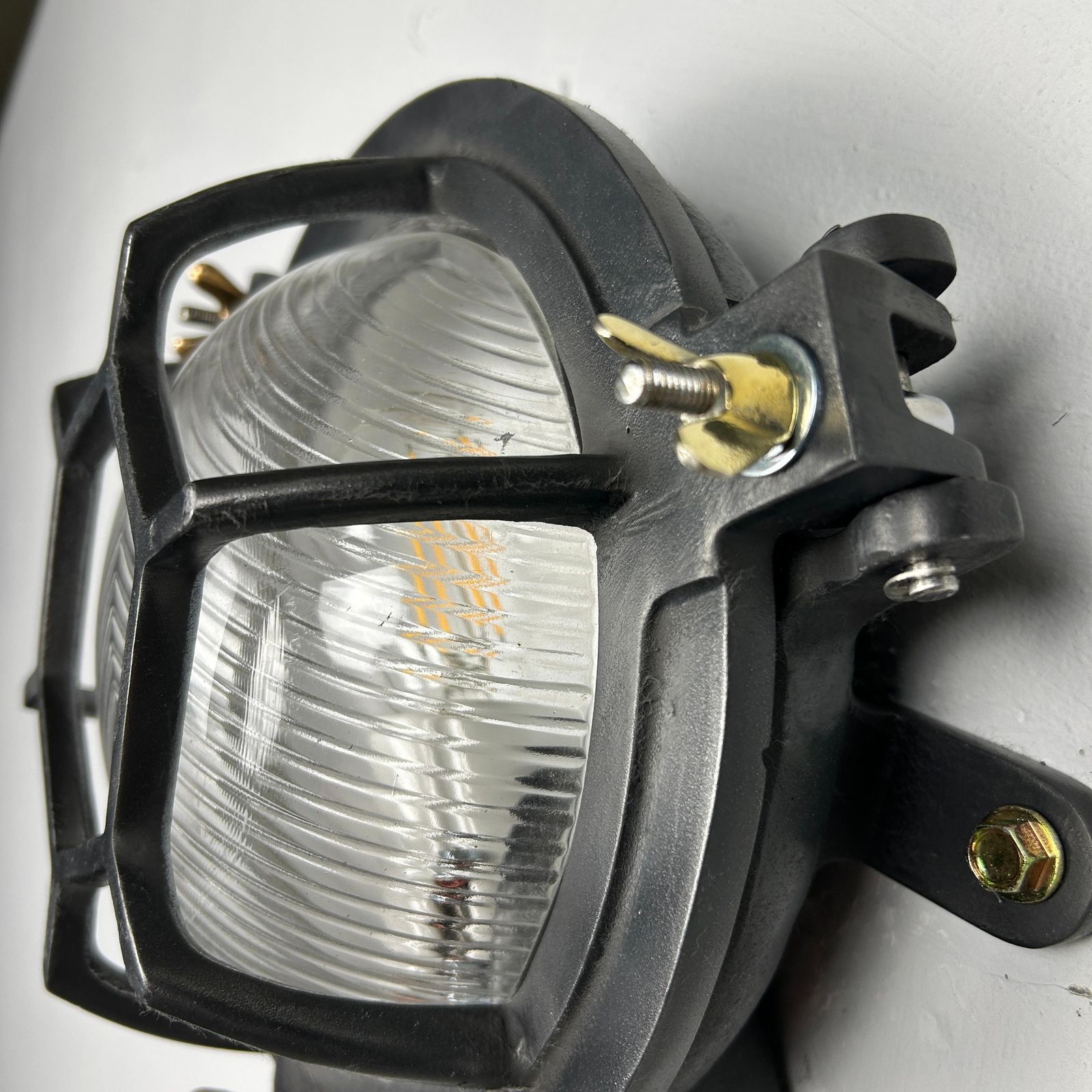 photo for sale Late Century Cast Circular Wall Light Hex Cage   Reeded Glass & Gun Metal Finish