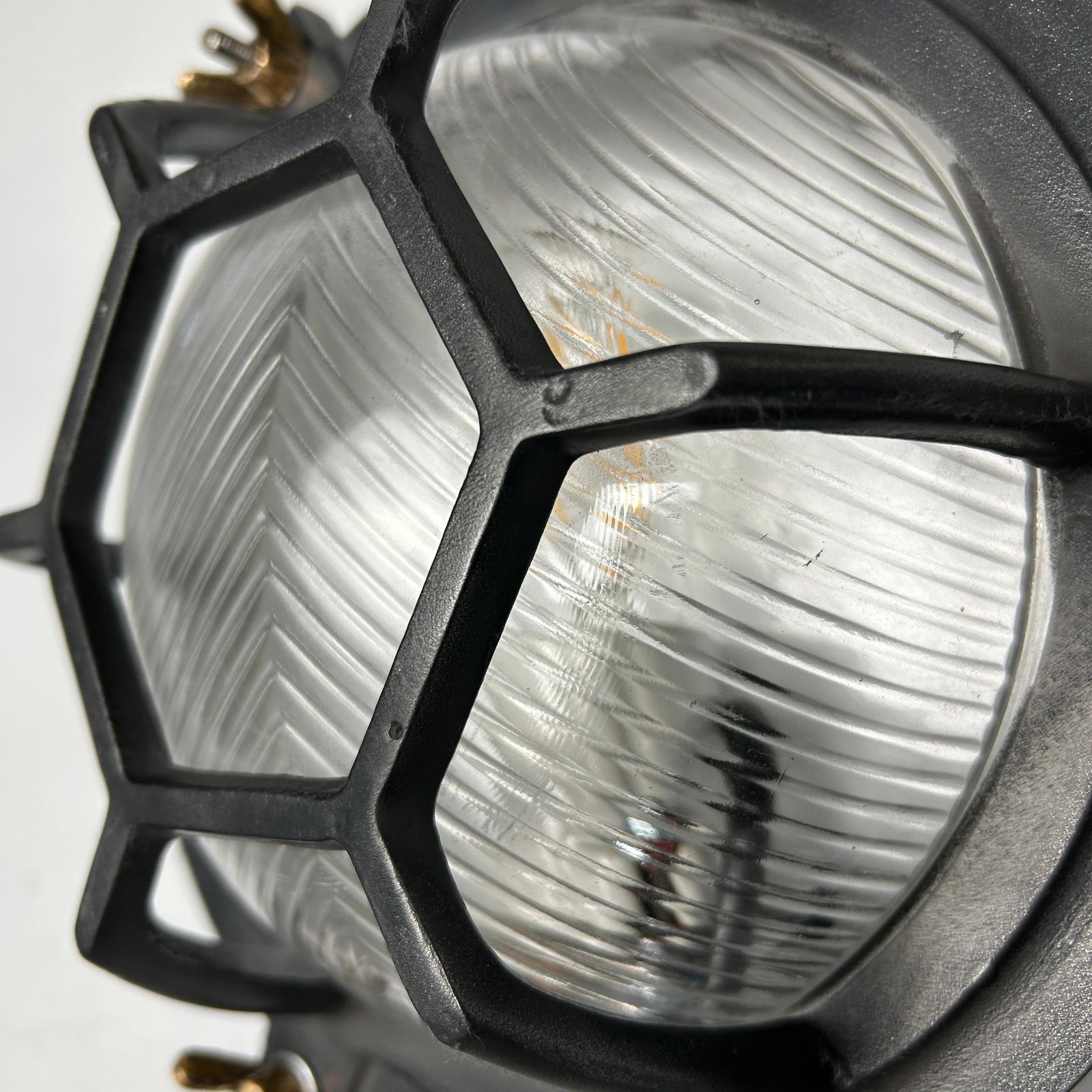 Lighting Late Century Cast Circular Wall Light Hex Cage   Reeded Glass & Gun Metal Finish photo