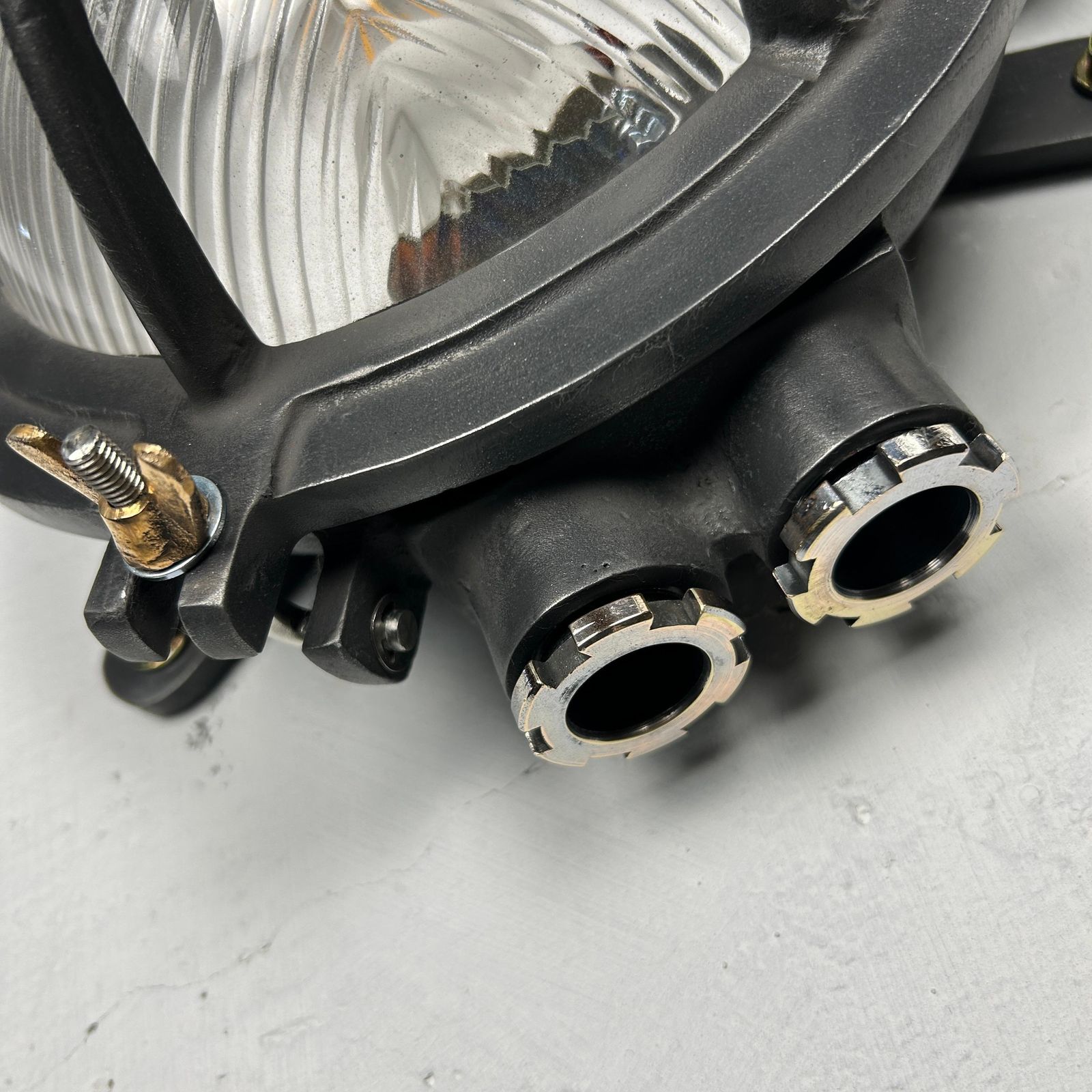 255.0 Late Century Cast Circular Wall Light Hex Cage   Reeded Glass & Gun Metal Finish photo