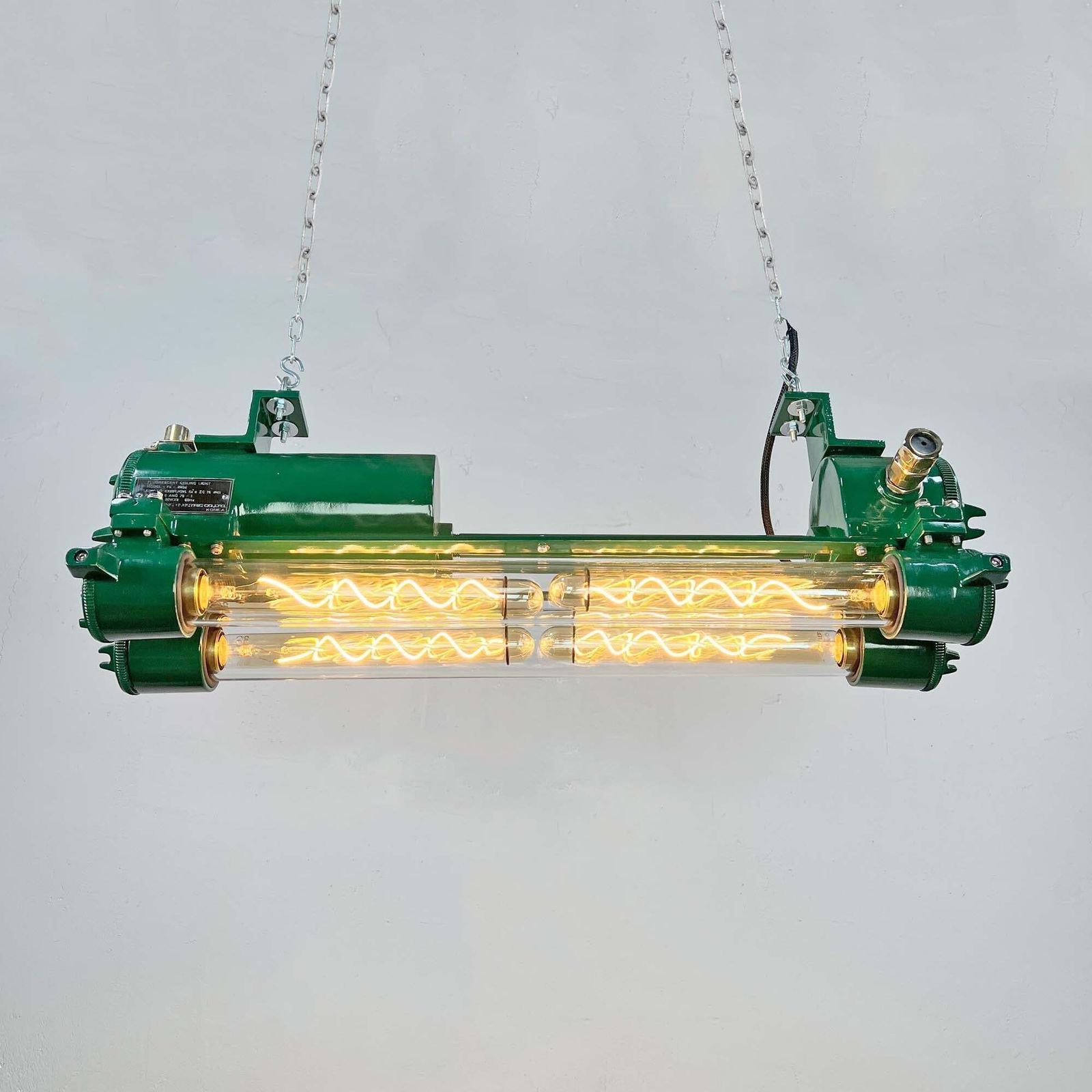 1970's Racing Green Cast Aluminium And Glass Flameproof Edison Tube Light photo Lighting