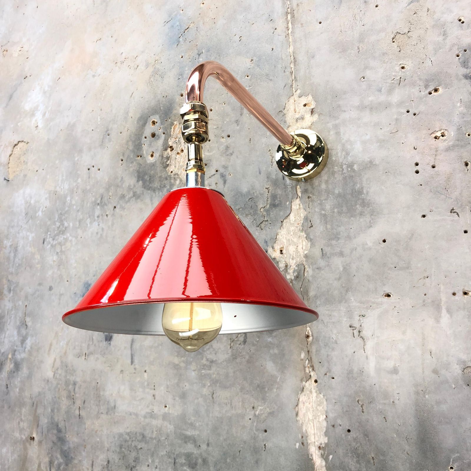 photo furniture 1980 British Army Lamp Shade In Red With Copper Cantilever Wall Lamp Edison Bulb