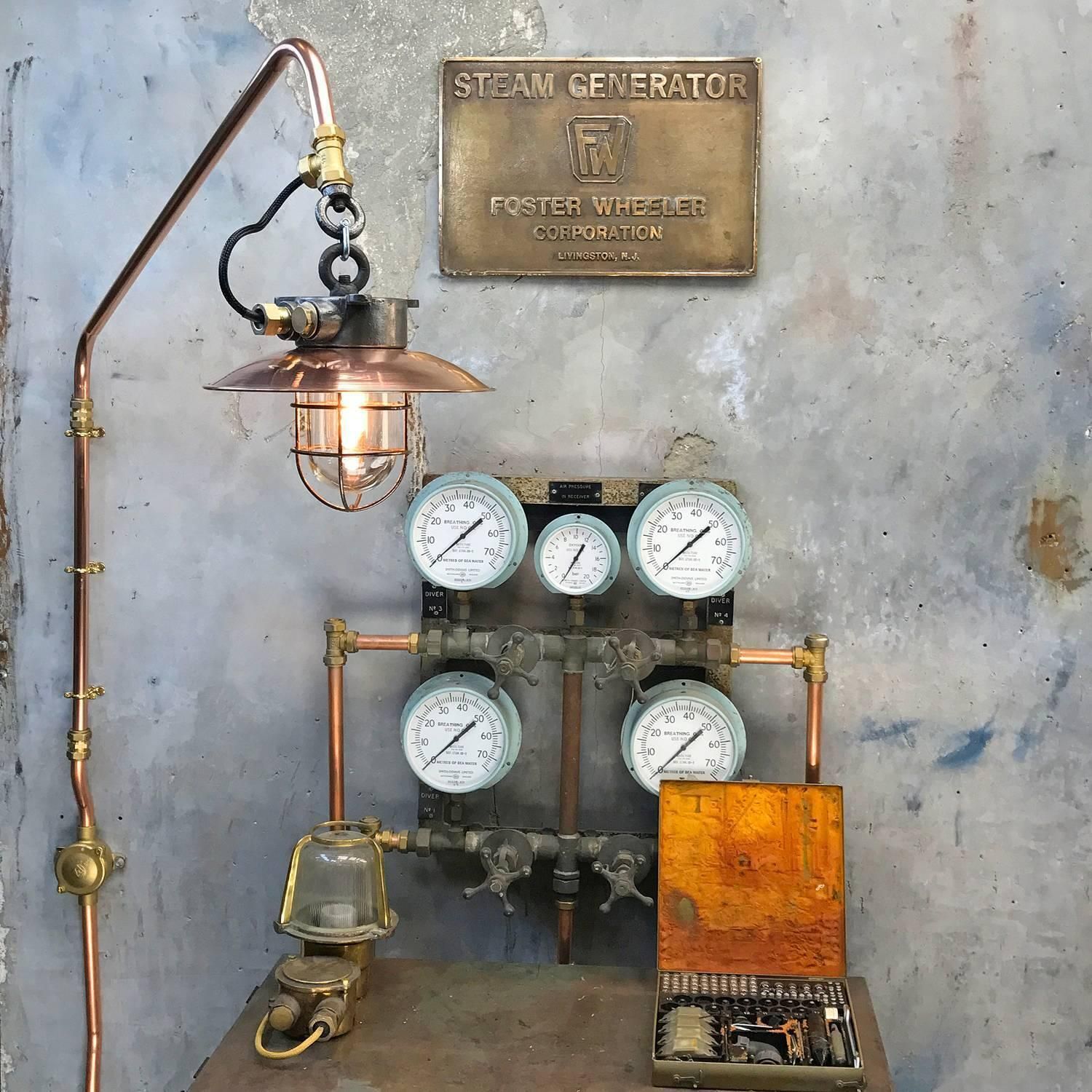1970s Japanese Copper & Iron Cantilever Wall Light With Brass Fittings & Cage photo furniture