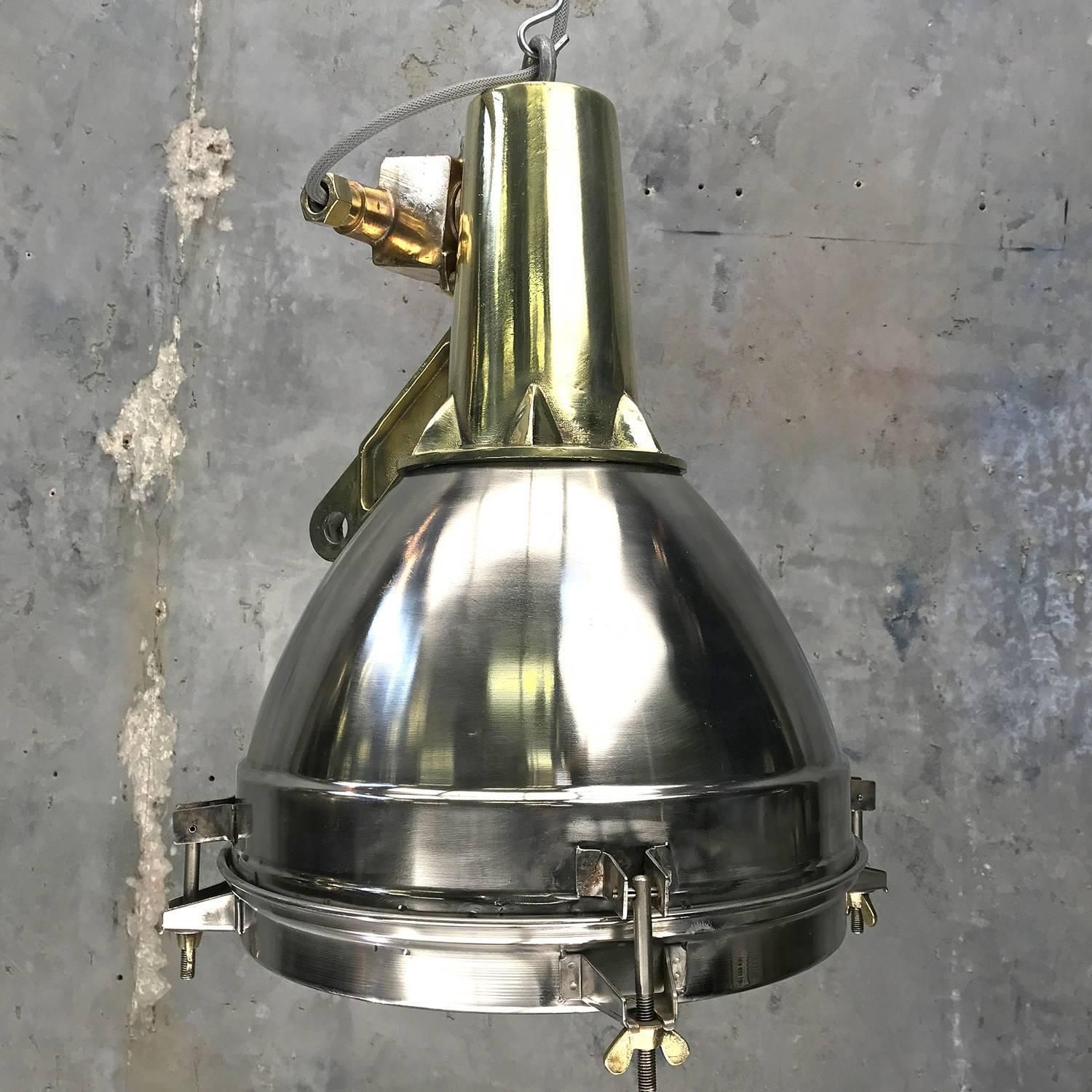 1970s Japanese Large Stainless Steel, Cast Brass And Bronze Search Light Pendant photo furniture