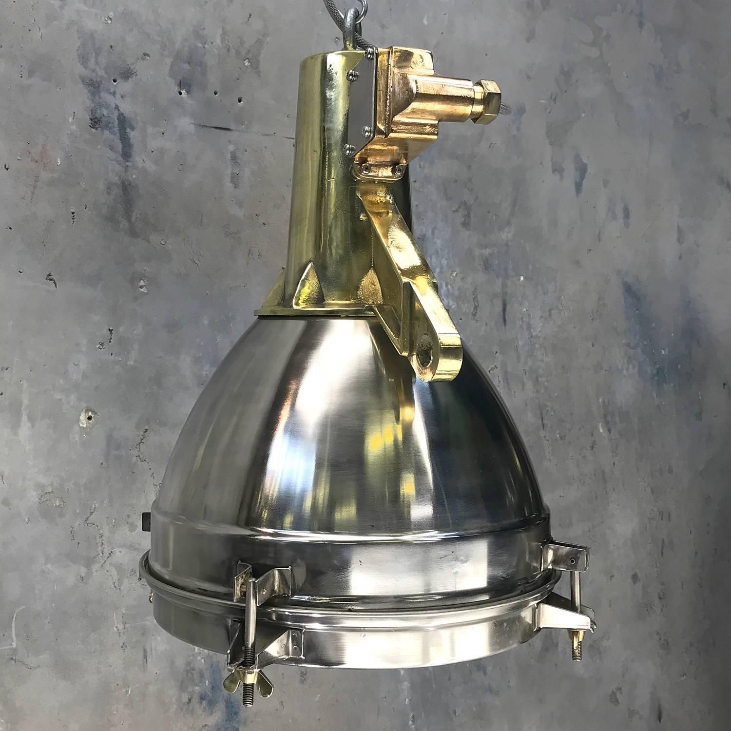 photo vintage 1970s Japanese Large Stainless Steel, Cast Brass And Bronze Search Light Pendant