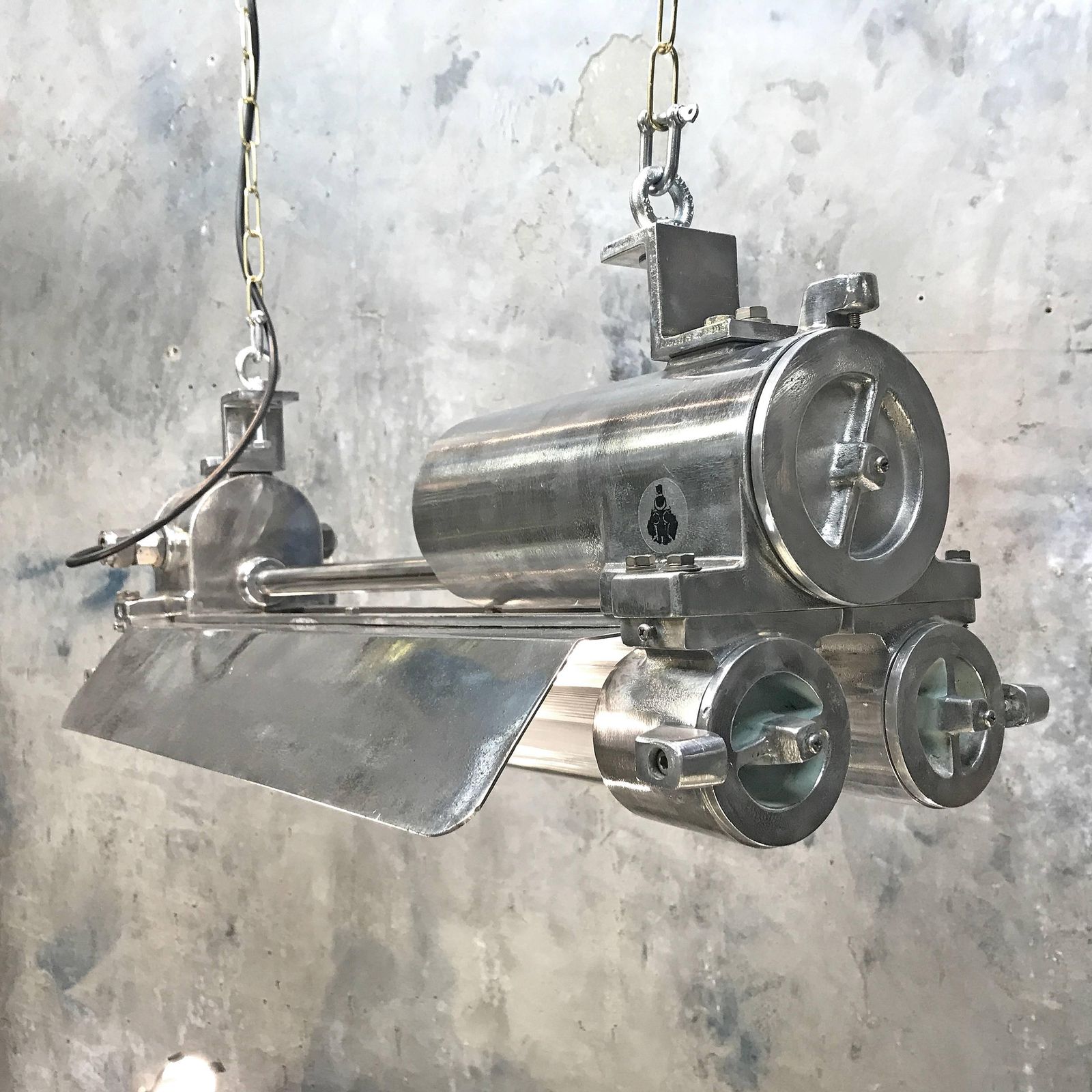 Mid Late Century Industrial Aluminium, Brass And Glass Flame Proof Strip Light photo vintage