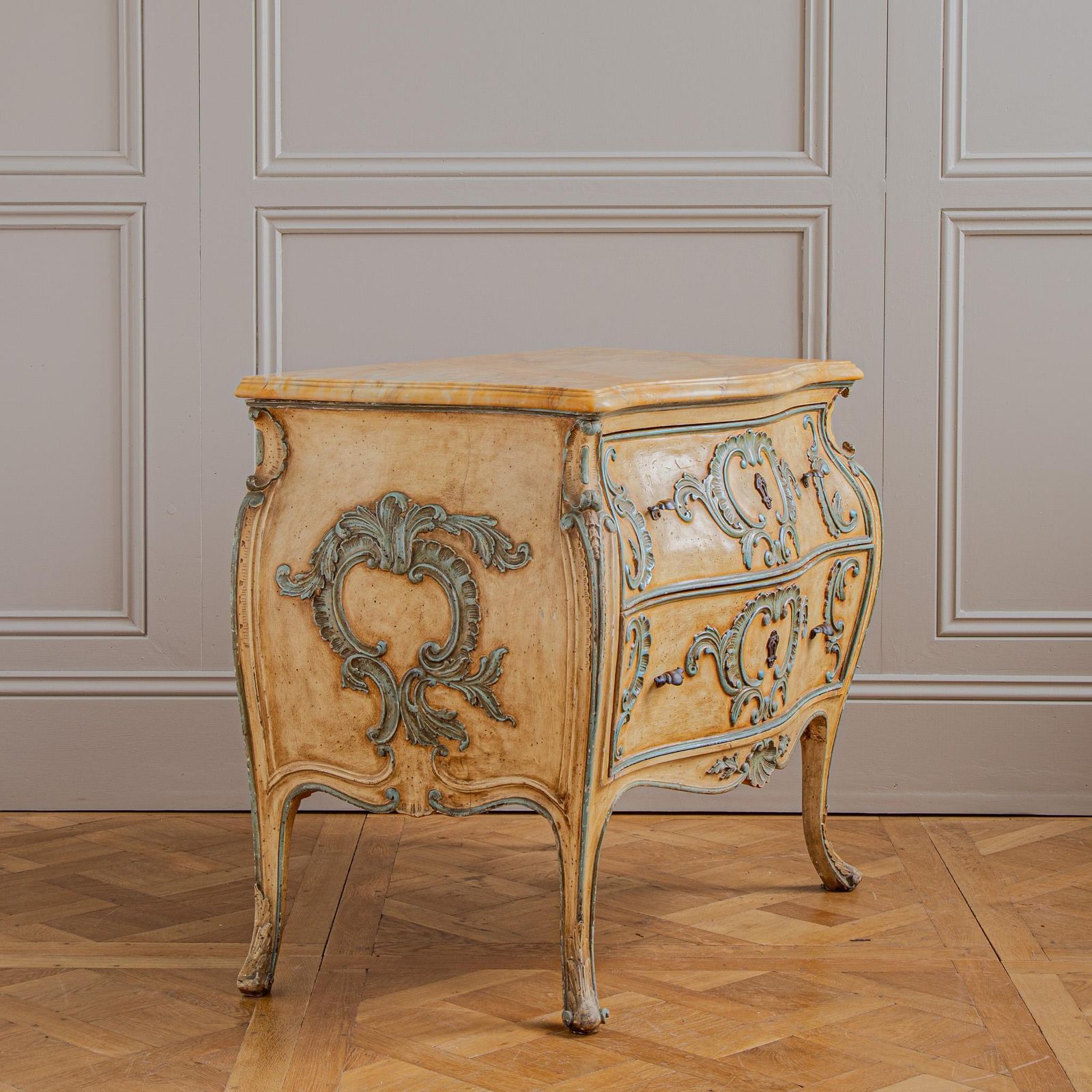 Furniture Italian Hand Painted Louis XV Style Bombe Chest, Circa Mid 1900's photo