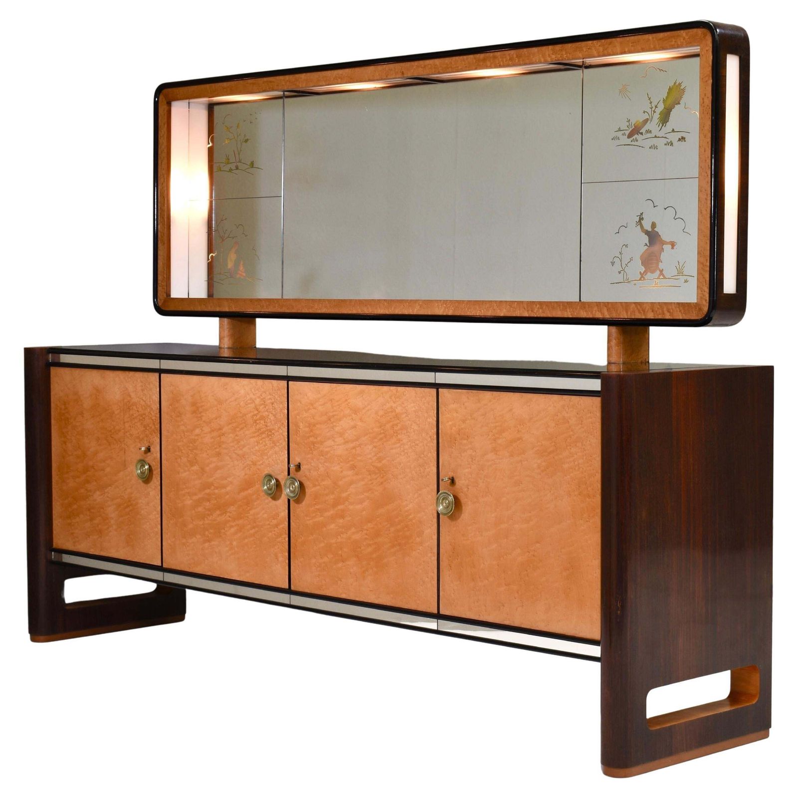 'Four Seasons' Sideboard With Illuminated Mirror In The Style Of Borsani   1930s