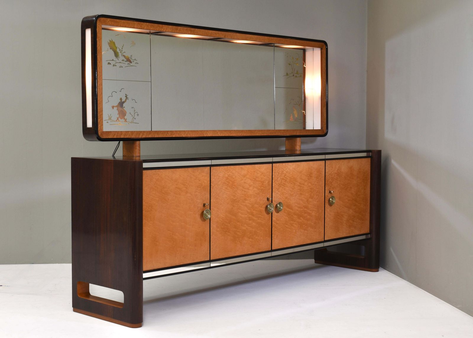 'Four Seasons' Sideboard With Illuminated Mirror In The Style Of Borsani   1930s photo for sale