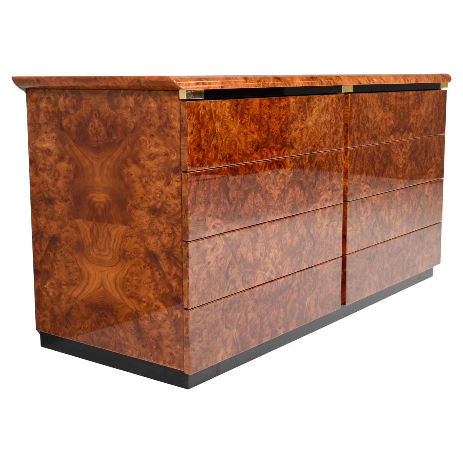 Italian Drawer Credenza In High Gloss Burl And Brass, Italy   1970's