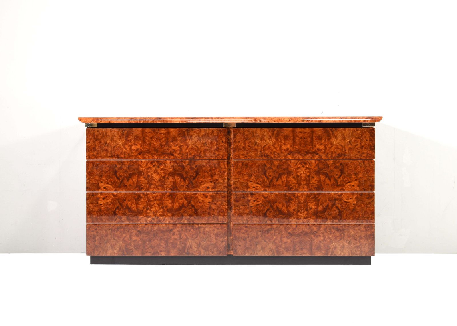 Italian Drawer Credenza In High Gloss Burl And Brass, Italy   1970's photo Furniture