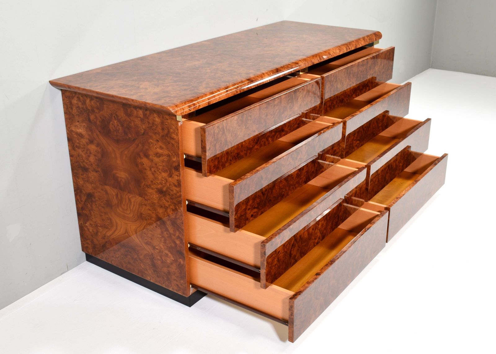 Italian Drawer Credenza In High Gloss Burl And Brass, Italy   1970's photo 5377.0