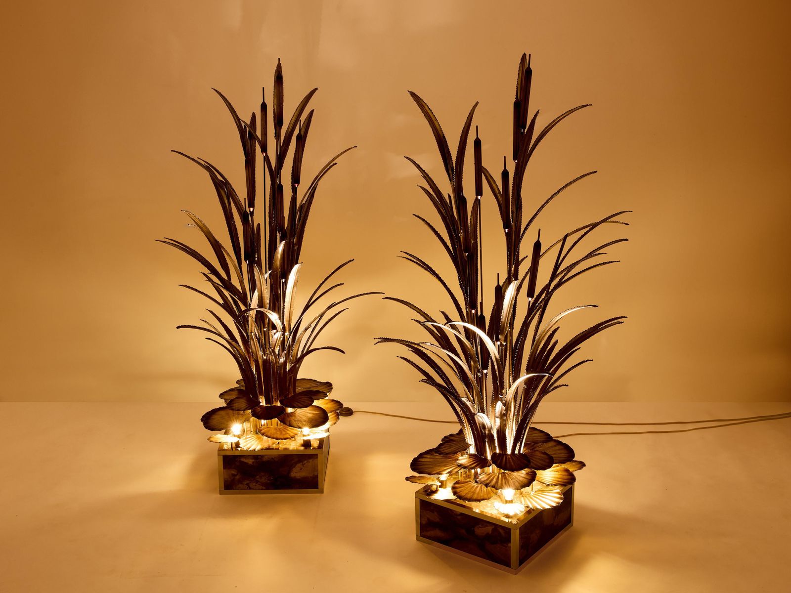 Maison Jansen Pair Of Brass Reeds Water Lilies Floor Lamps 1970s photo furniture