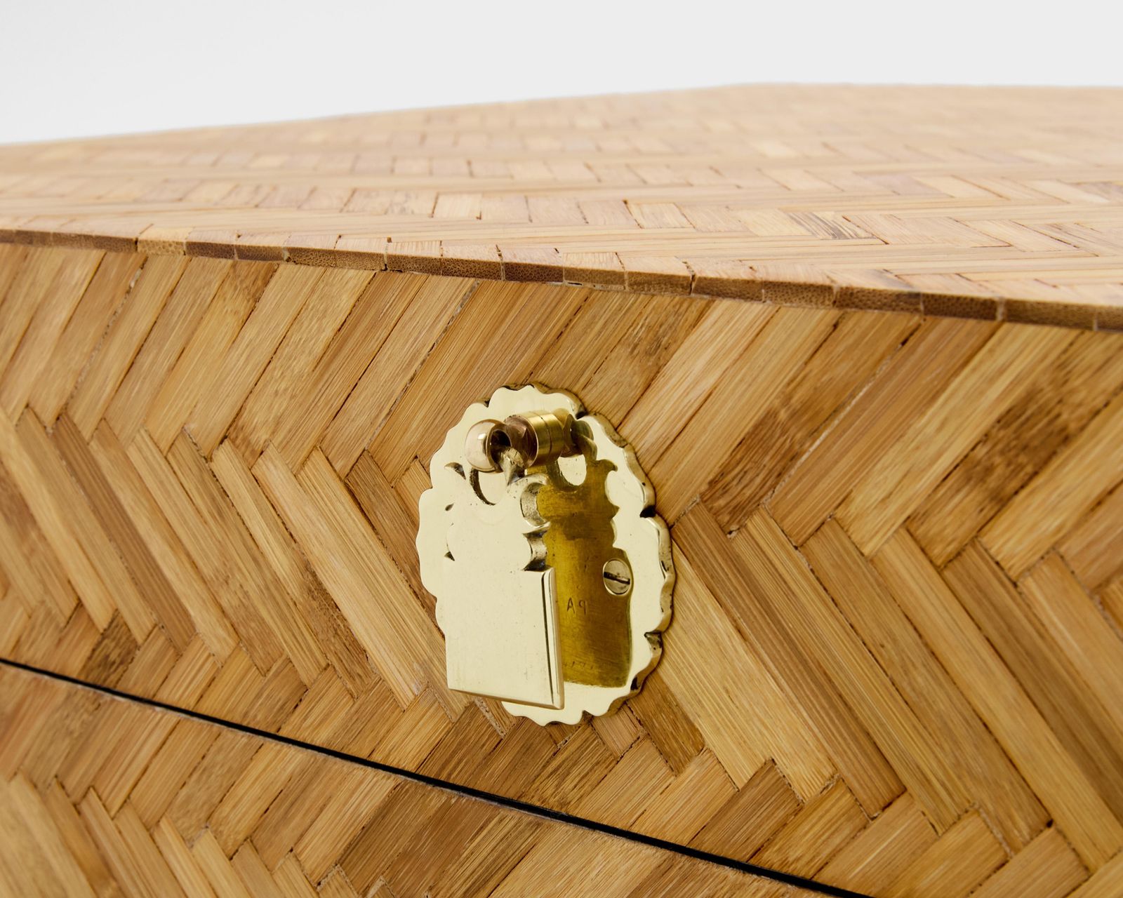 Galerie Maison & Jardin Bamboo Marquetry Brass Trunk 1970 photo vintage