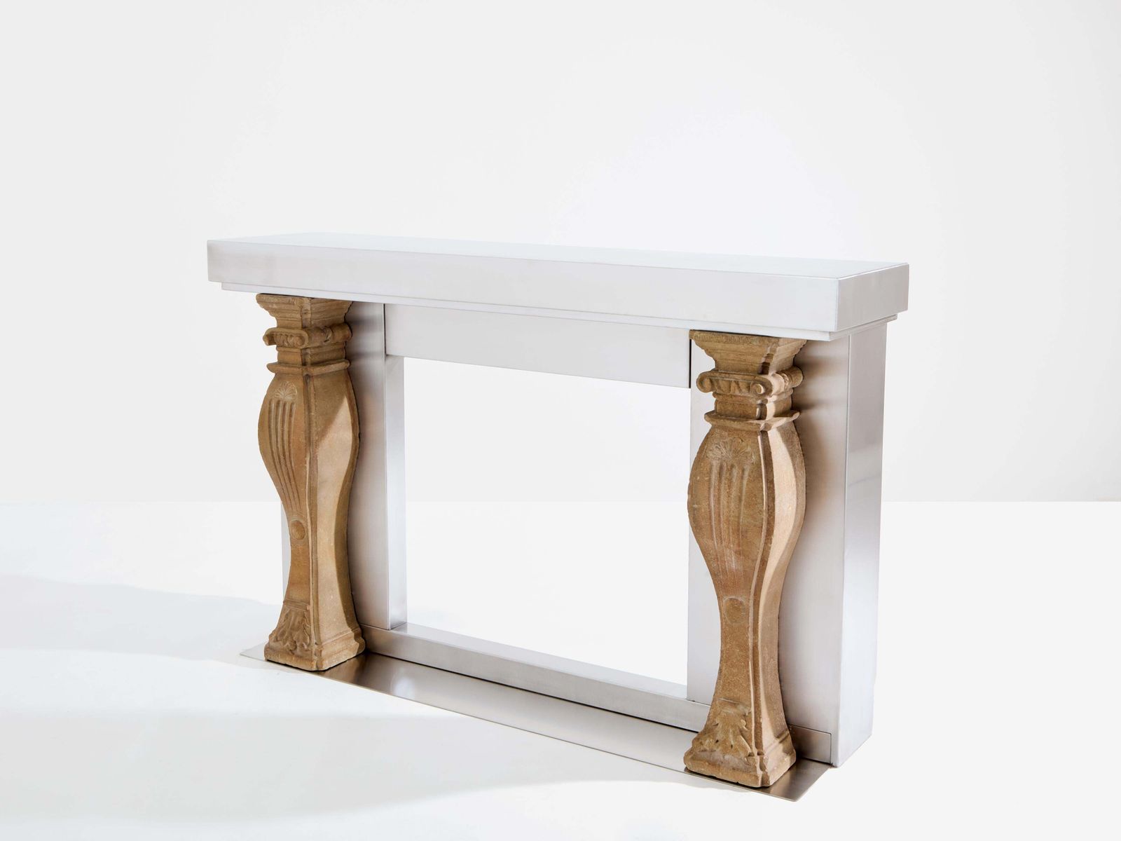 Maison Jansen Fireplace Mantel Brushed Steel And Carved Stone 1968 photo for sale