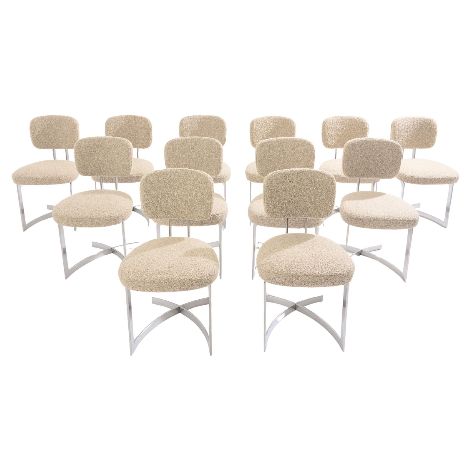 Ensemble de douze chaises Paul Legeard en acier inoxydable et laine bouclé, 1970