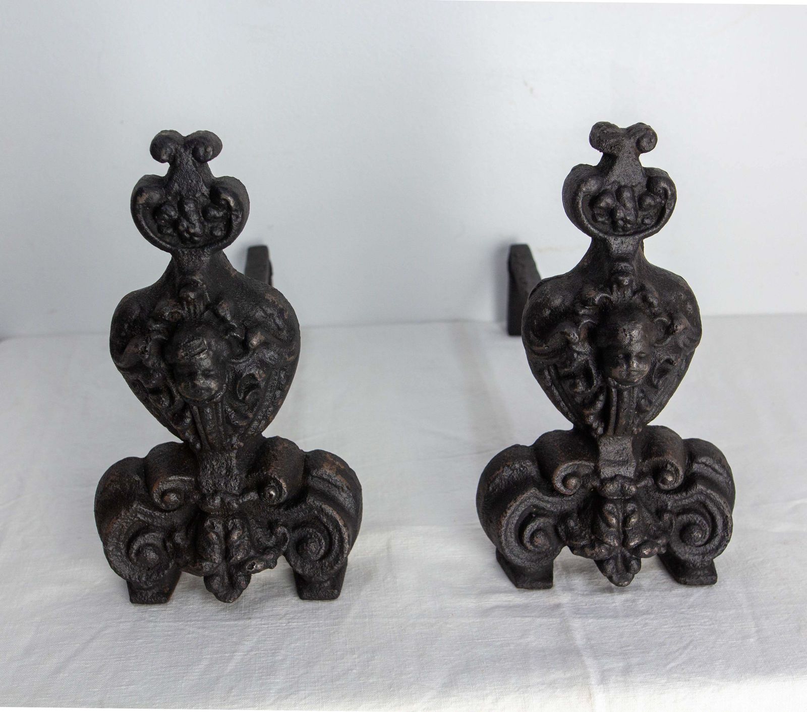 Pair Of Louis XV Fire Dogs Wrought Iron Andirons, France, 18th Century photo for sale