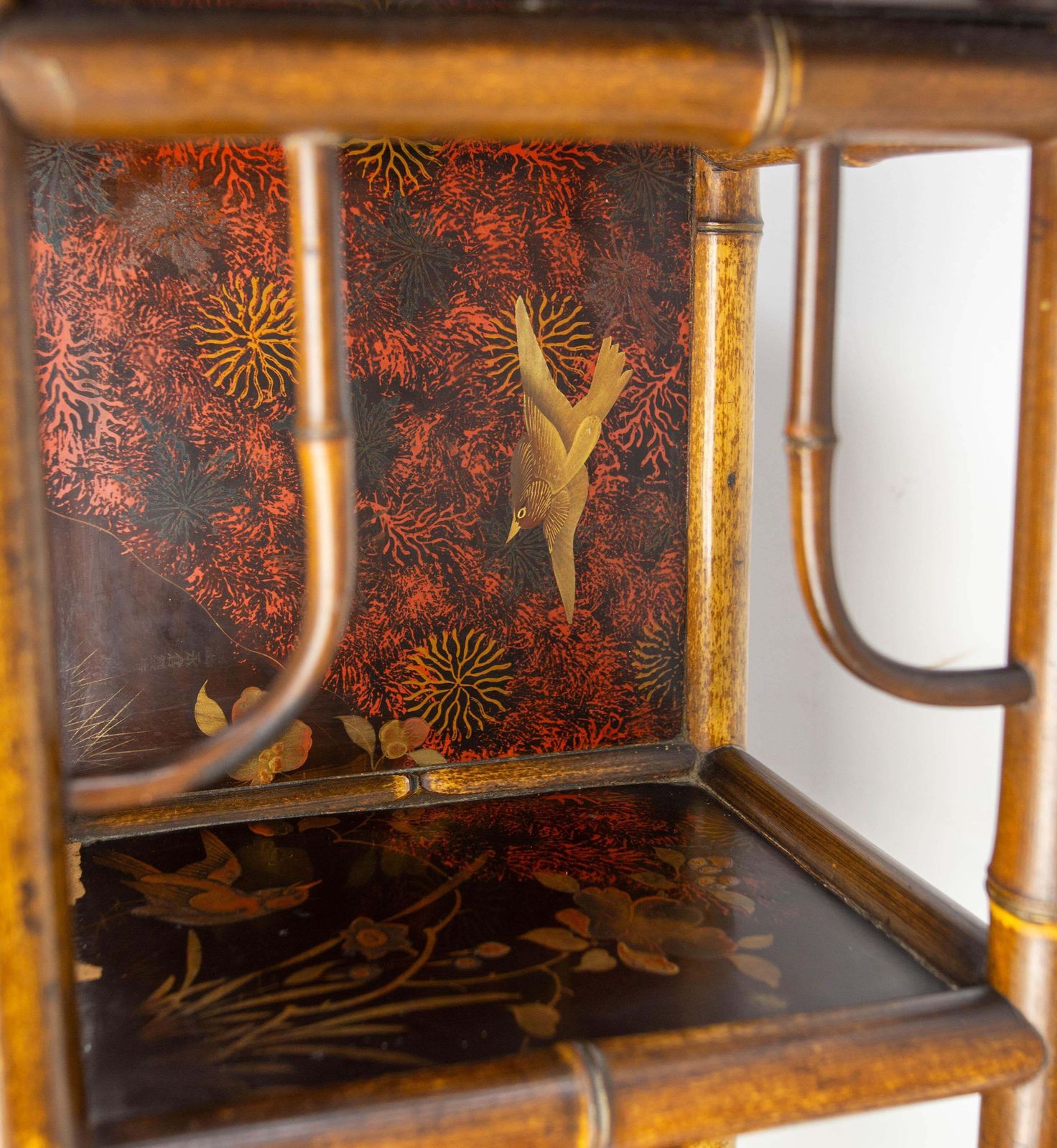 Furniture Chinoiserie Lacquered Cabinet & Side Table Faux Bamboo Turned Wood Late 19th C photo