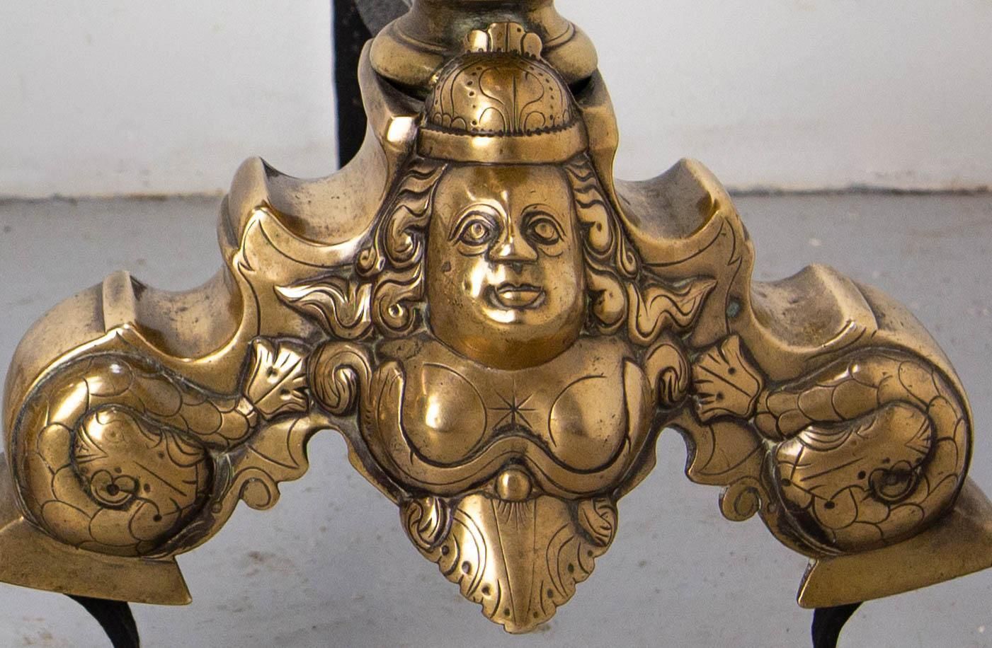 Pair Of Louis XV Siren Fire Dogs Wrought Iron Andirons, France, 18th Century photo vintage