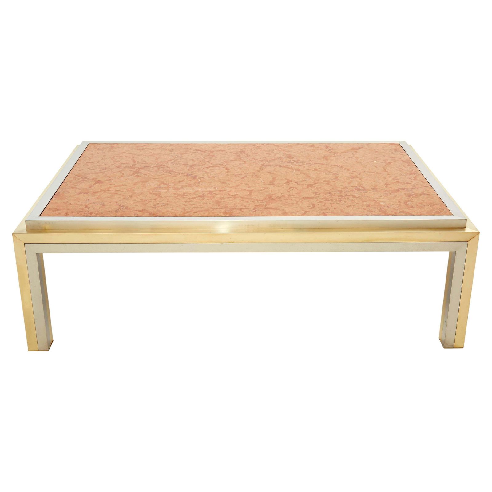 Table basse italienne en marbre rouge, laiton et chrome Romeo Rega, années 1970
