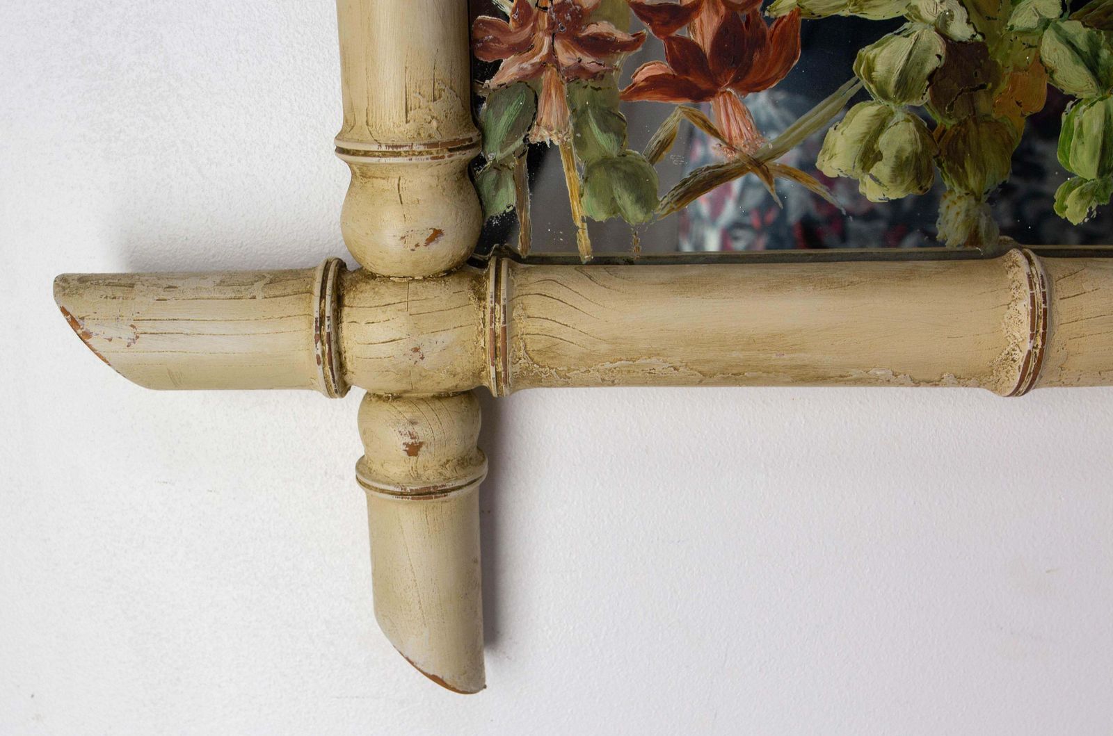 photo furniture French Faux Bamboo Mirror Patinated & Painted Parakeets On Mirror, Circa 1910