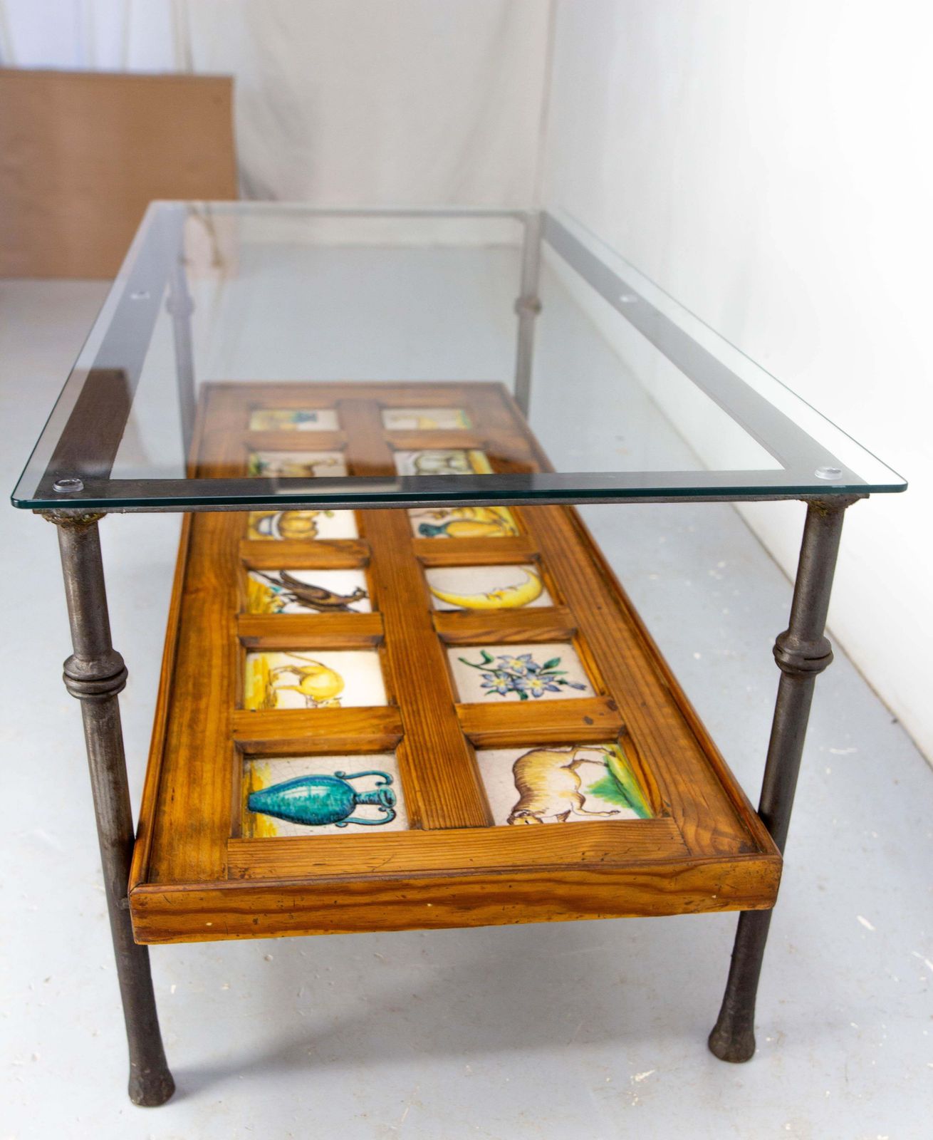 Spanish Wrought Iron Glass & Pine Coffee Table With 19thc Faience Circa 1960 photo for sale