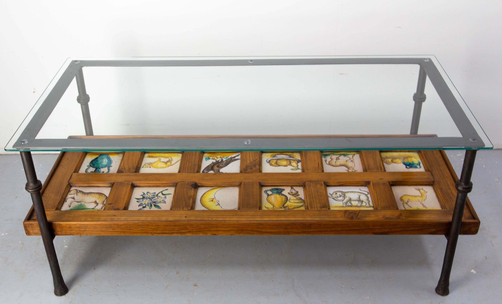 Spanish Wrought Iron Glass & Pine Coffee Table With 19thc Faience Circa 1960 photo buy