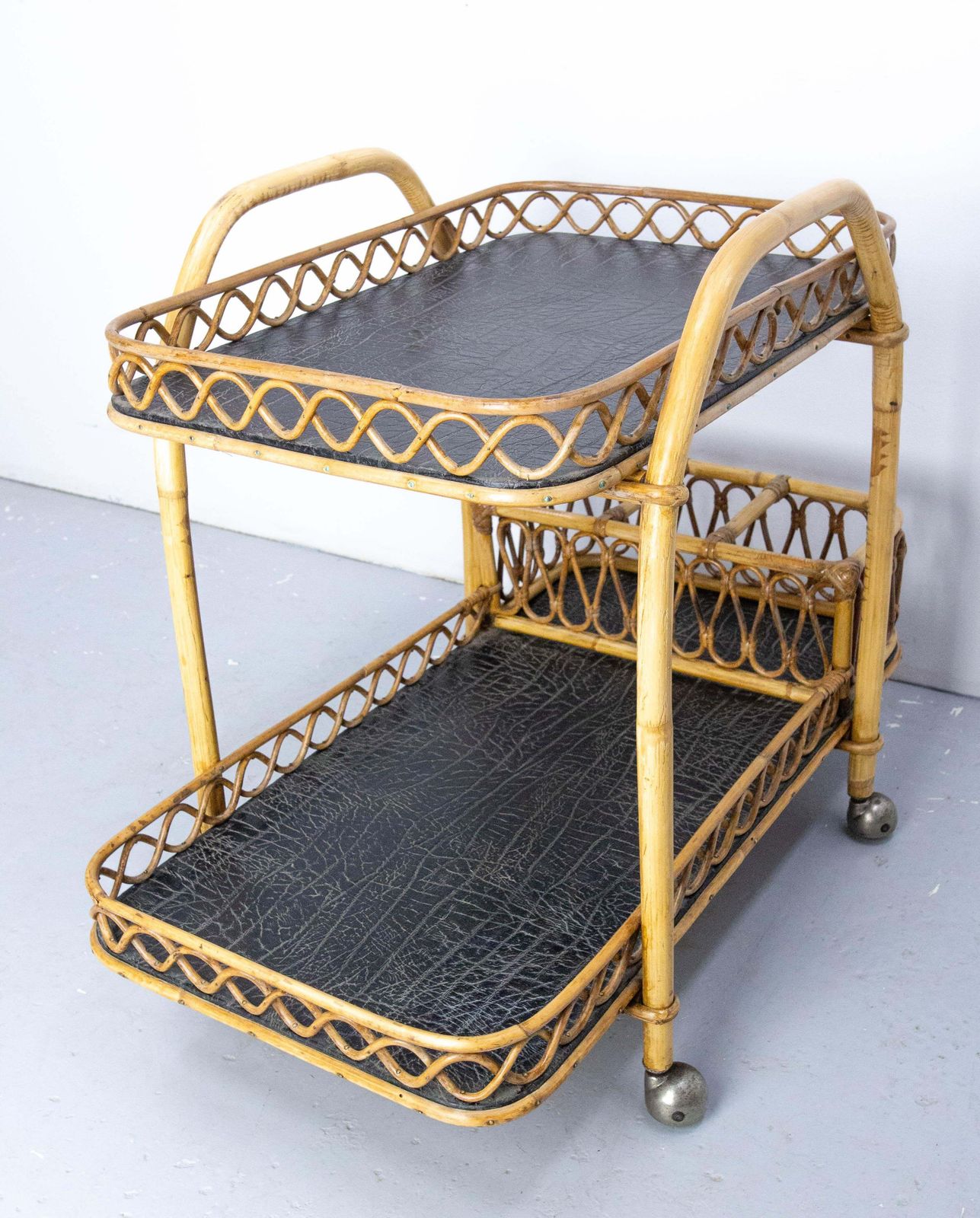 Midcentury Rattan And Skai Trolley Bar Cart, Circa 1950 photo Furniture