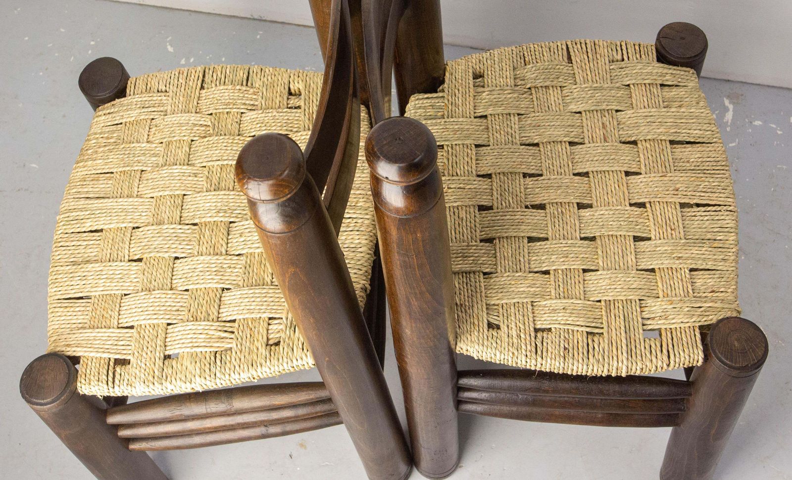 French Pair Of Ash Wood & Straw Chairs By Dudouyt, Circa 1940 photo vintage