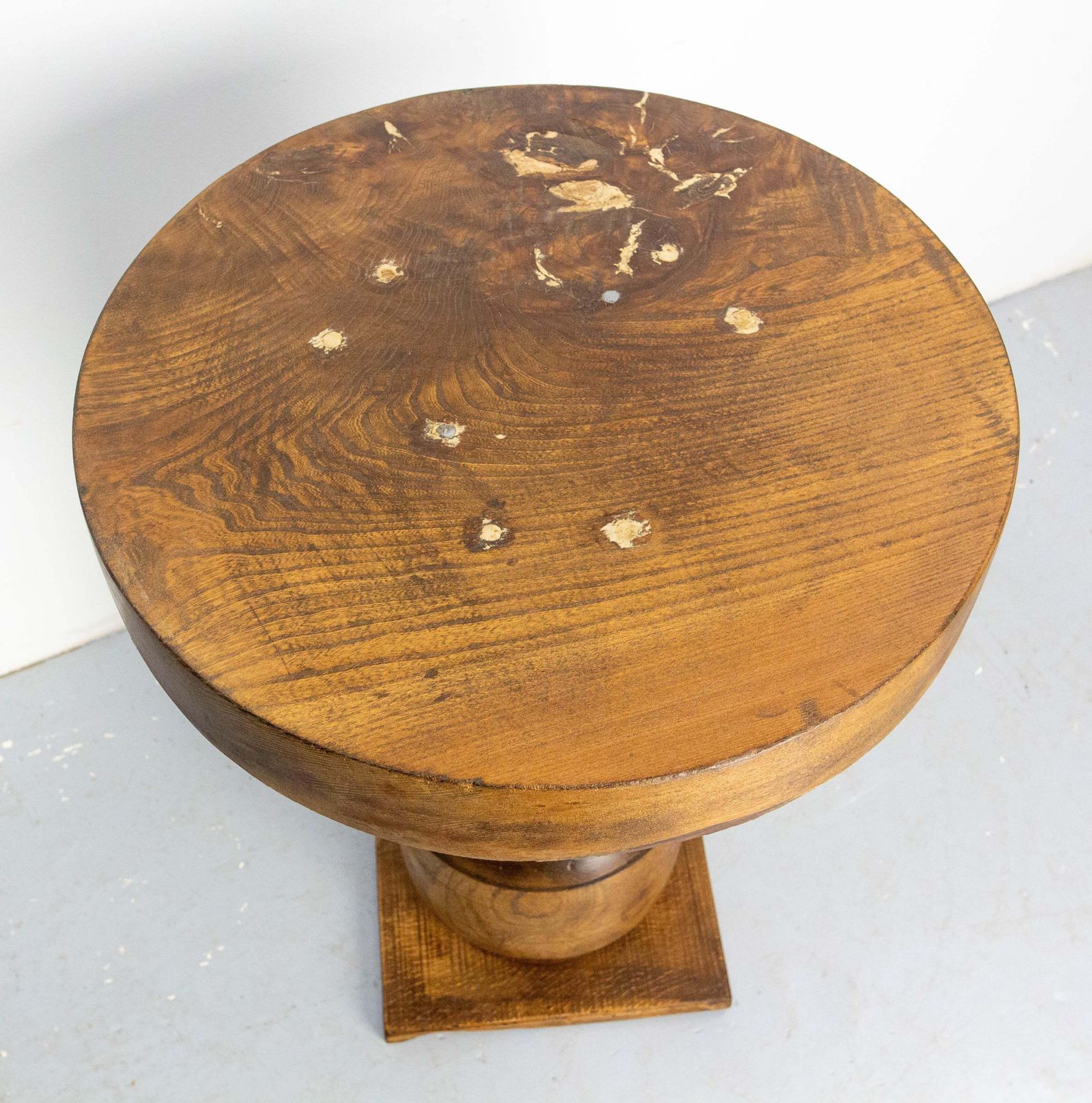 French Brutalist Side Table Elm Wood Hubs Pedestal, Circa 1940 photo for sale