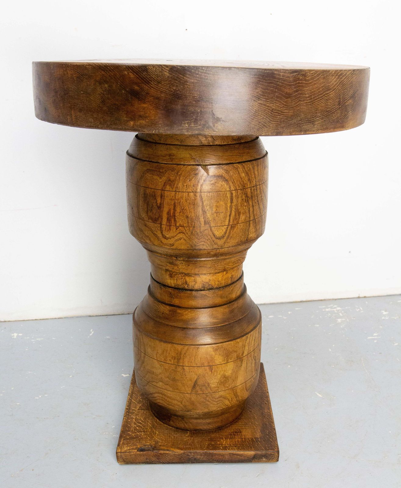 French Brutalist Side Table Elm Wood Hubs Pedestal, Circa 1940 photo vintage