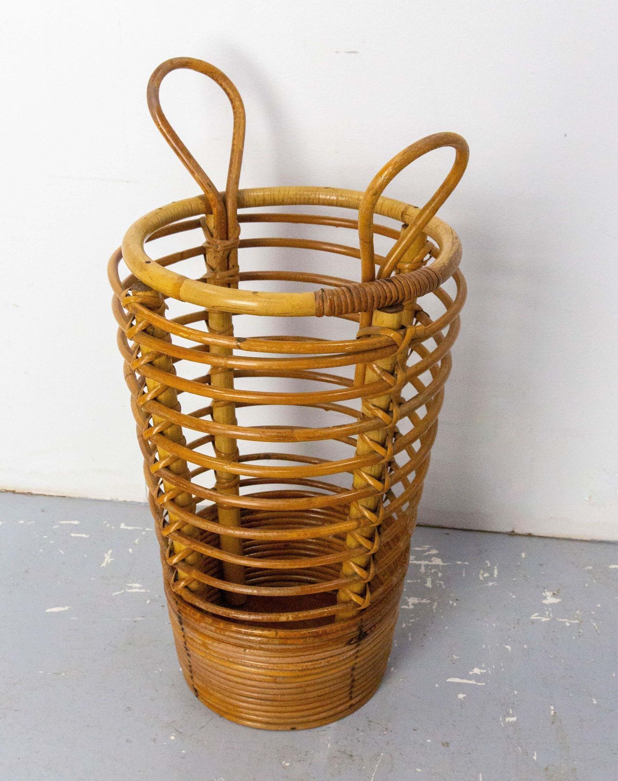 Mid Century Rattan Wastebasket Umbrella Stand By Audoux Minnet France, C. 1950 photo furniture