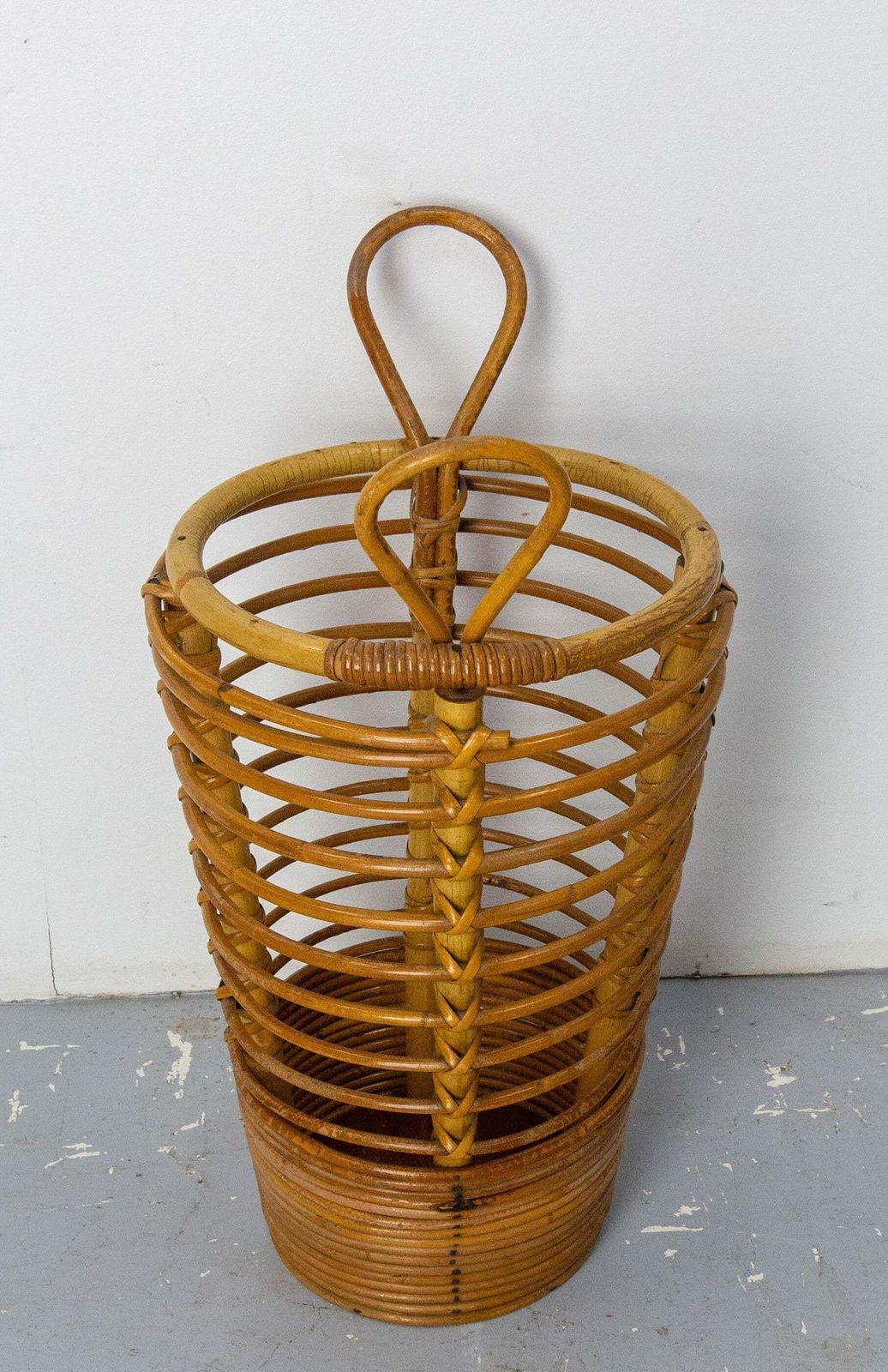 Mid Century Rattan Wastebasket Umbrella Stand By Audoux Minnet France, C. 1950 photo Home Decor