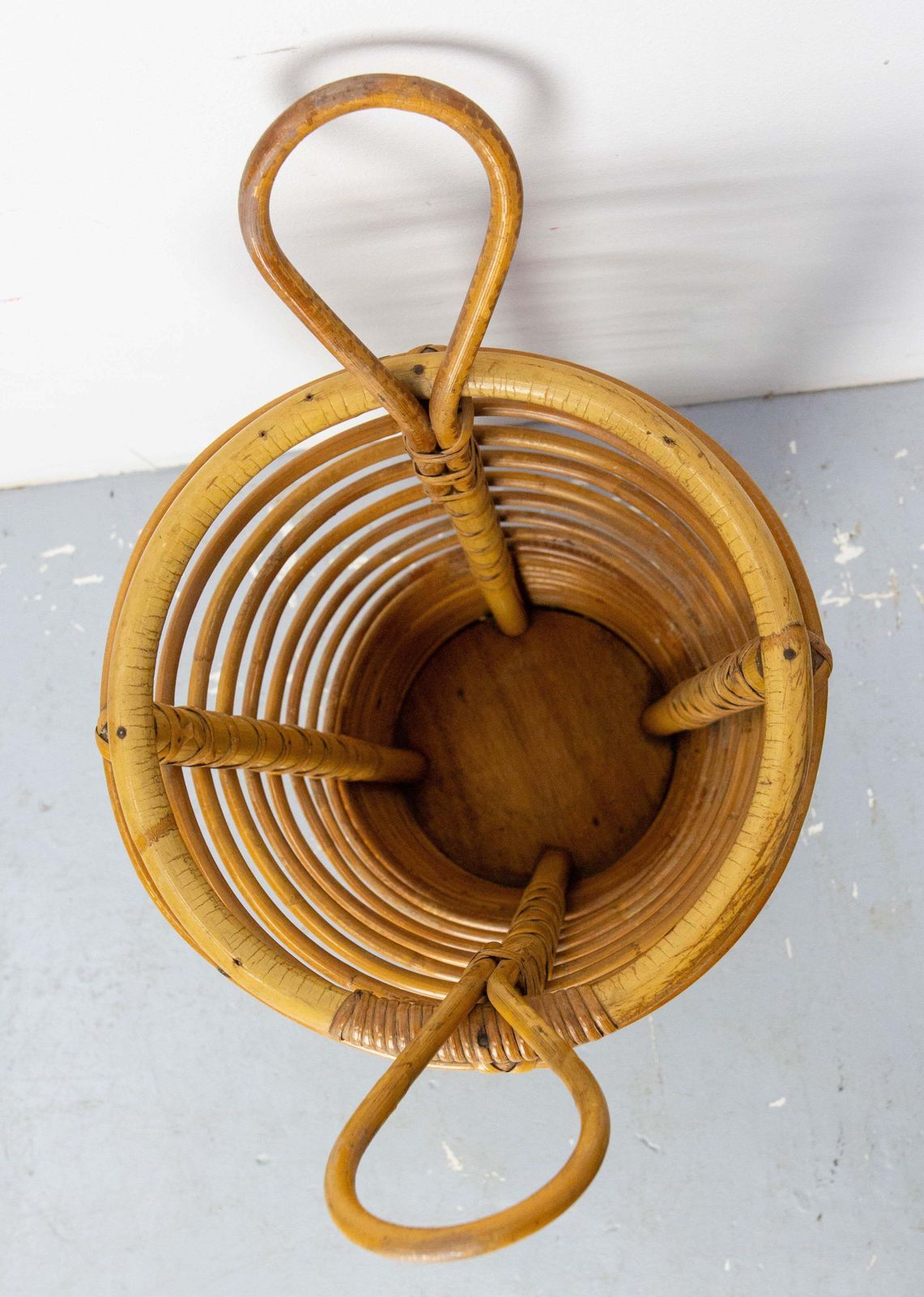 Mid Century Rattan Wastebasket Umbrella Stand By Audoux Minnet France, C. 1950 photo vinterior